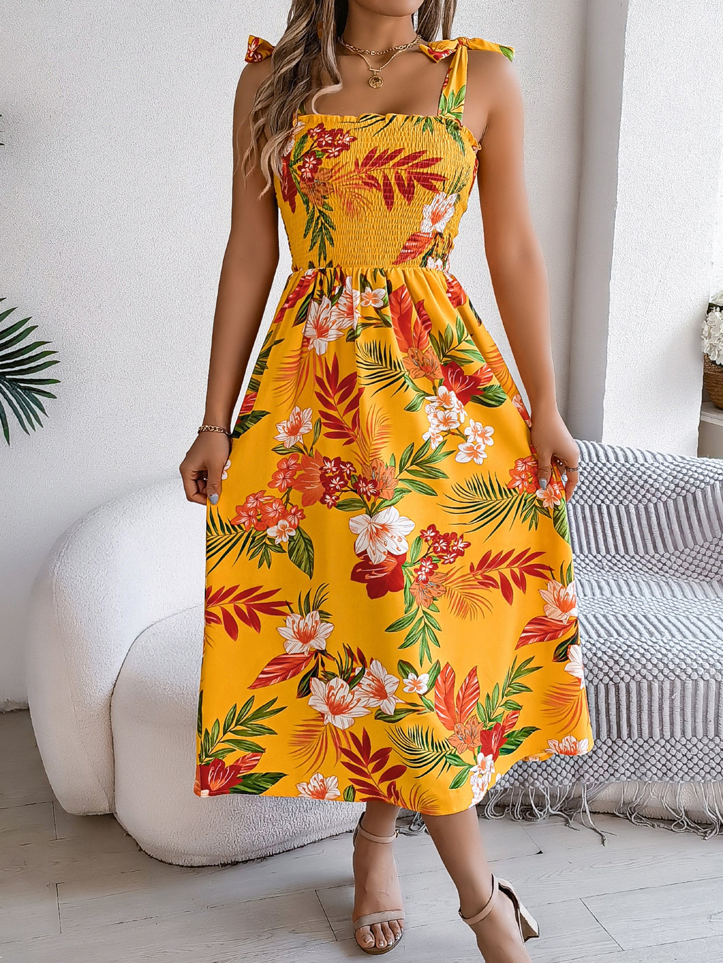 Women Floral Printed Tie-Up Neck Fit and Flare Midi Dress