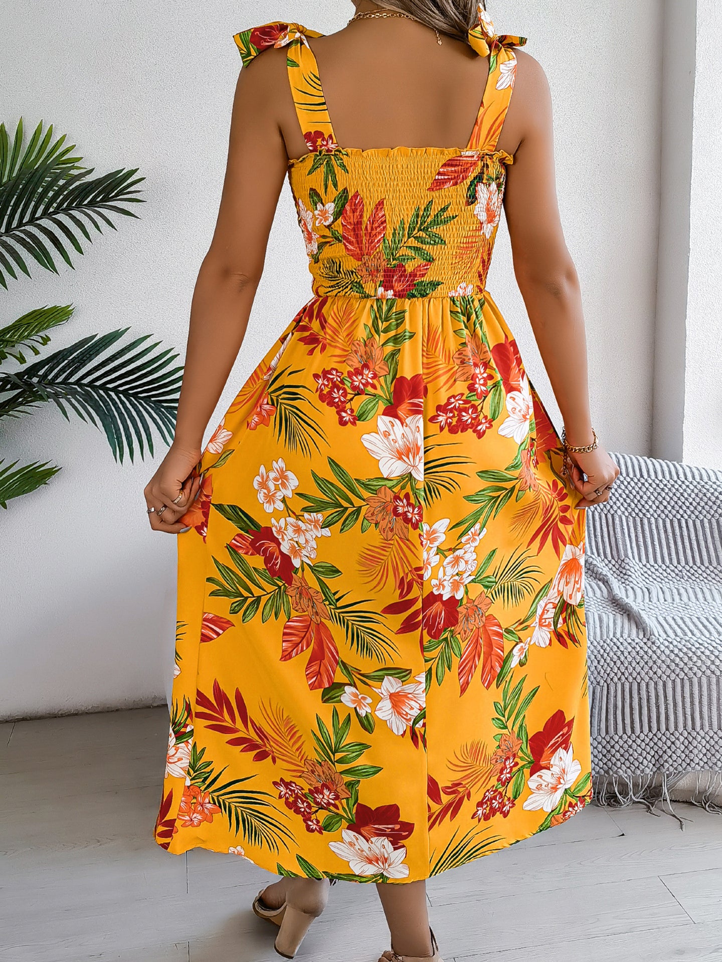 Women Floral Printed Tie-Up Neck Fit and Flare Midi Dress