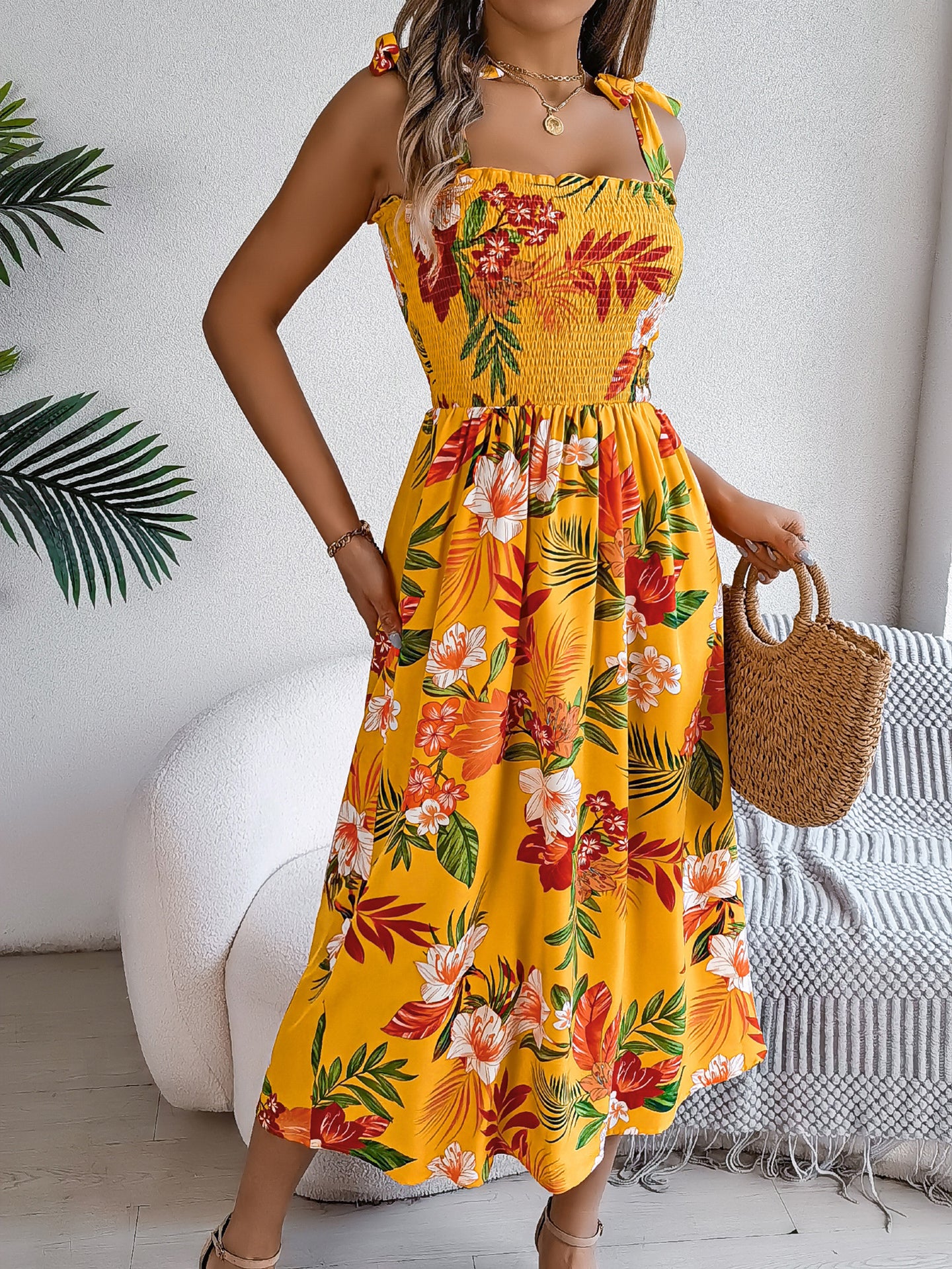 Women Floral Printed Tie-Up Neck Fit and Flare Midi Dress