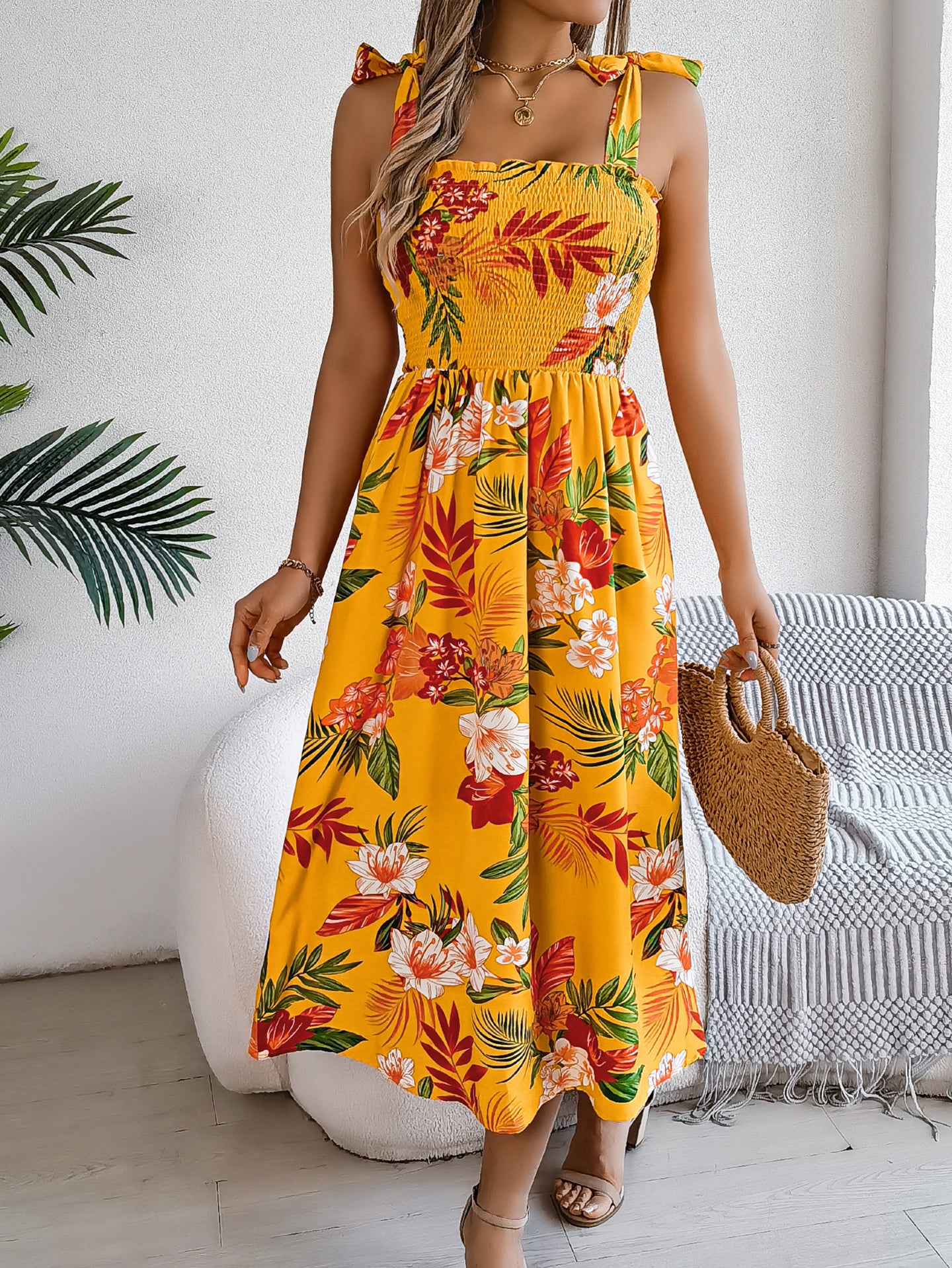 Women Floral Printed Tie-Up Neck Fit and Flare Midi Dress