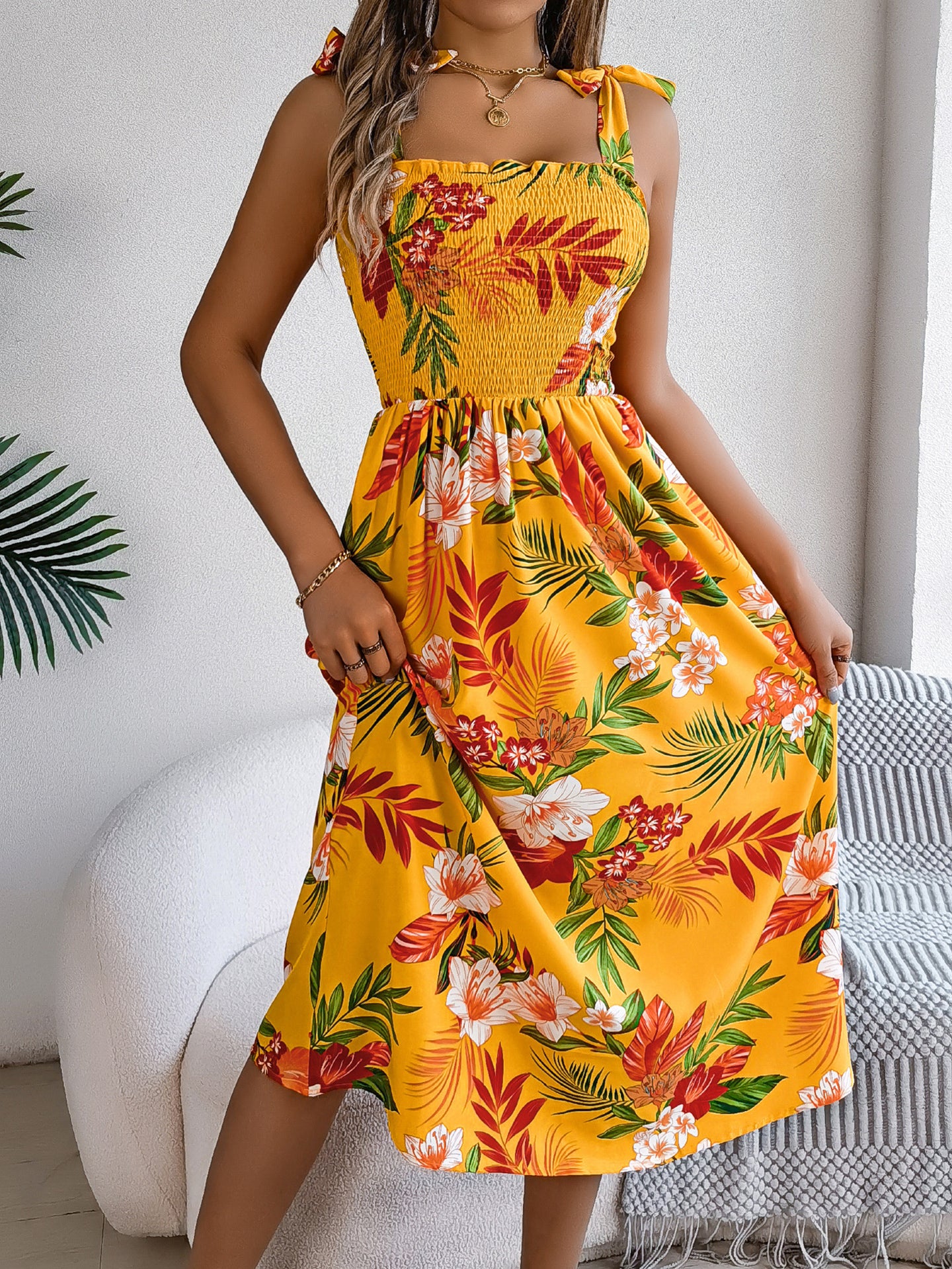 Women Floral Printed Tie-Up Neck Fit and Flare Midi Dress