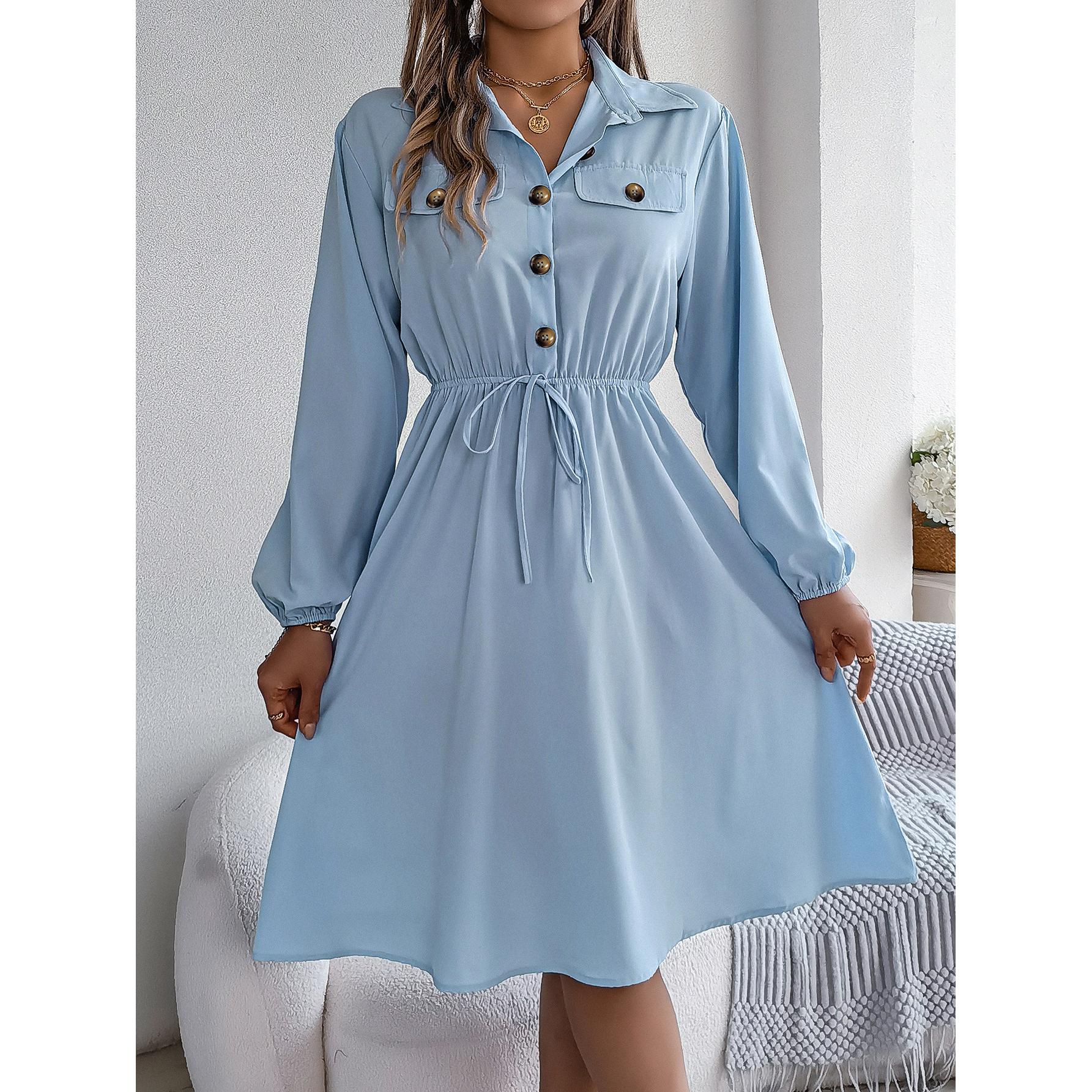 Solid Shirt Collar Fit & Flare Dress