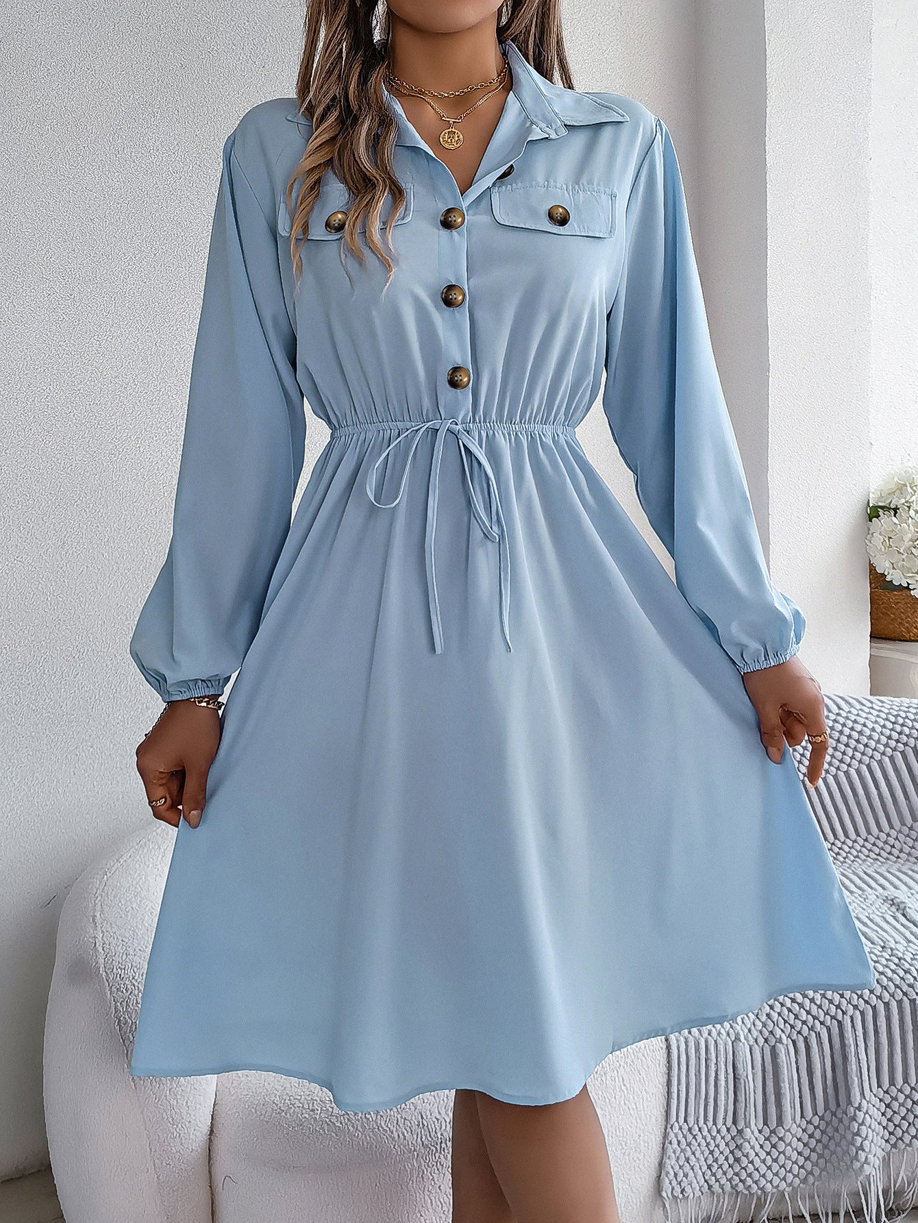 Solid Shirt Collar Fit & Flare Dress