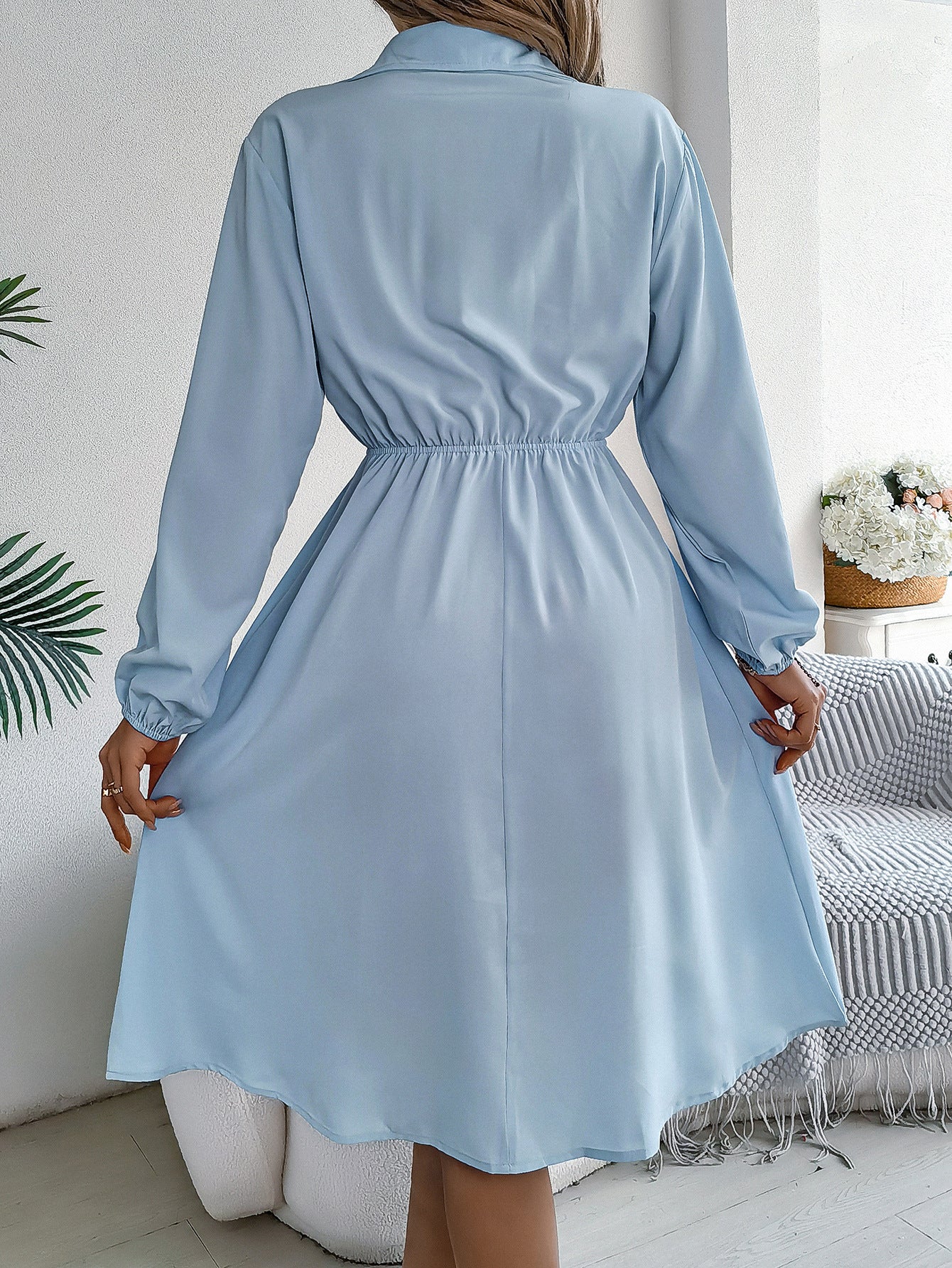 Solid Shirt Collar Fit & Flare Dress