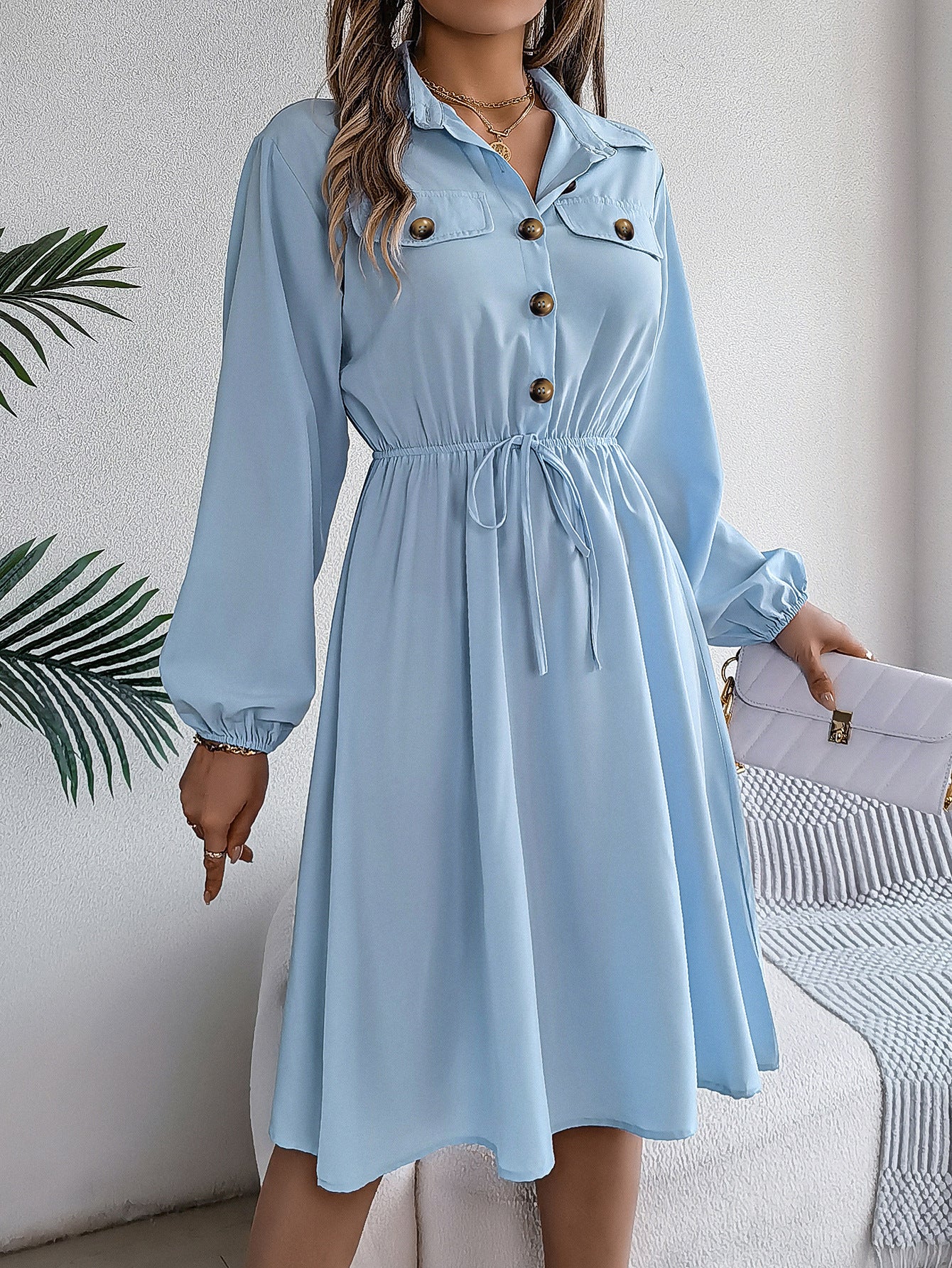 Solid Shirt Collar Fit & Flare Dress