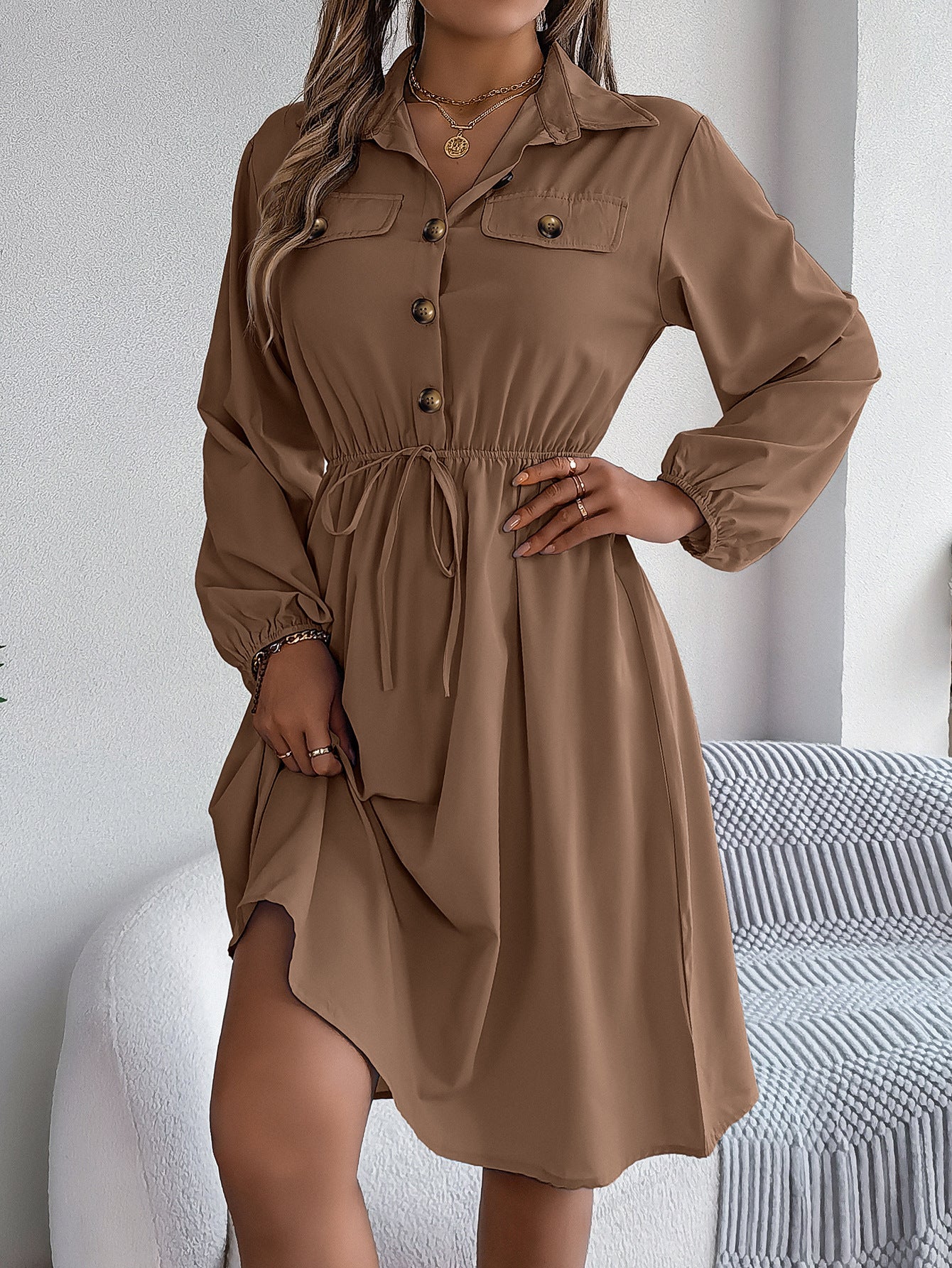 Solid Shirt Collar Fit & Flare Dress