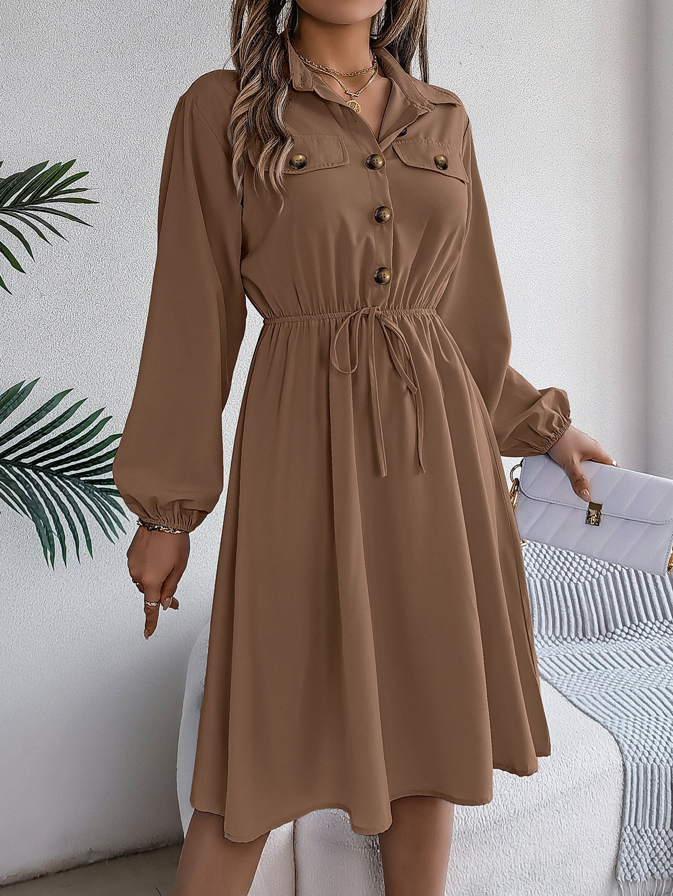 Solid Shirt Collar Fit & Flare Dress
