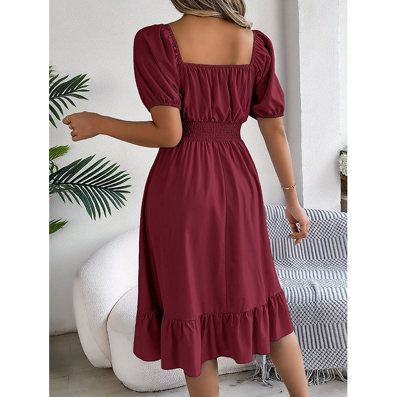 Women Layered Puff Sleeve Fit & Flare Midi Dress