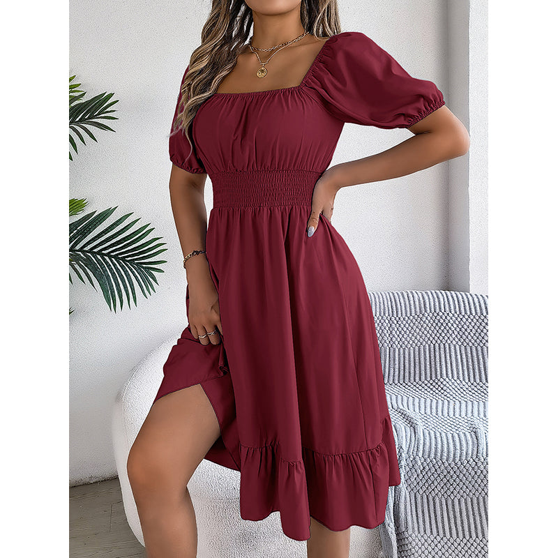 Women Layered Puff Sleeve Fit & Flare Midi Dress