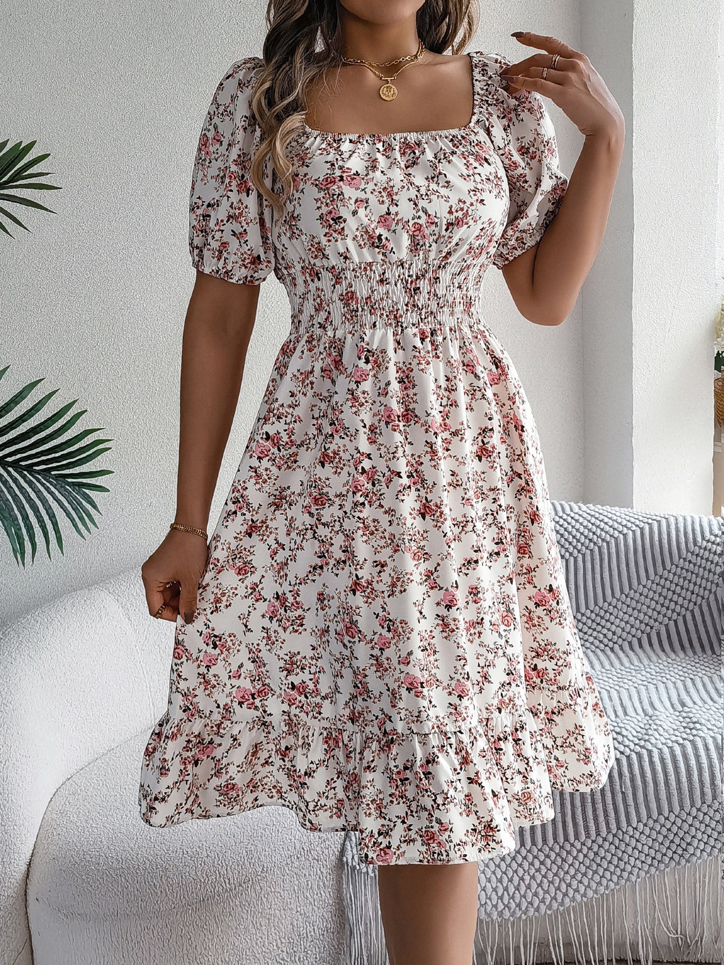 Women Floral Printed Square Neck Fit and Flare Dress