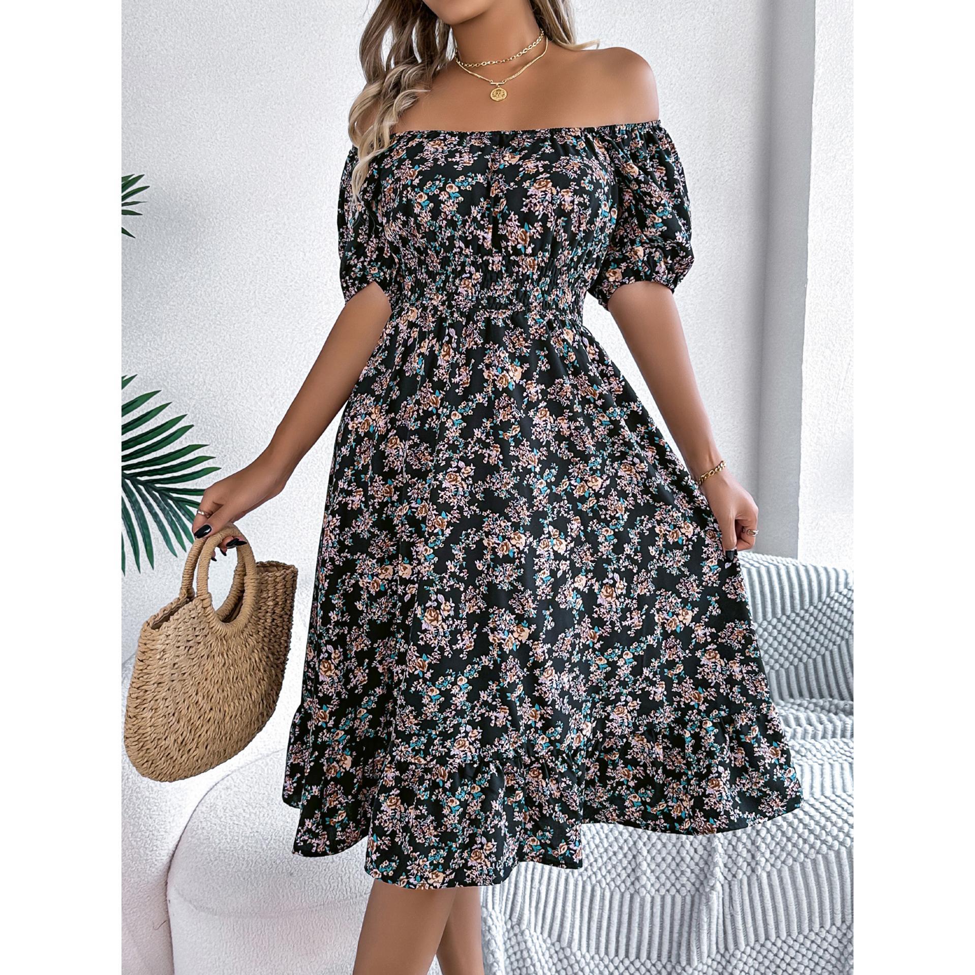 Women Floral Printed Square Neck Puff Sleeves Fit and Flare Dress