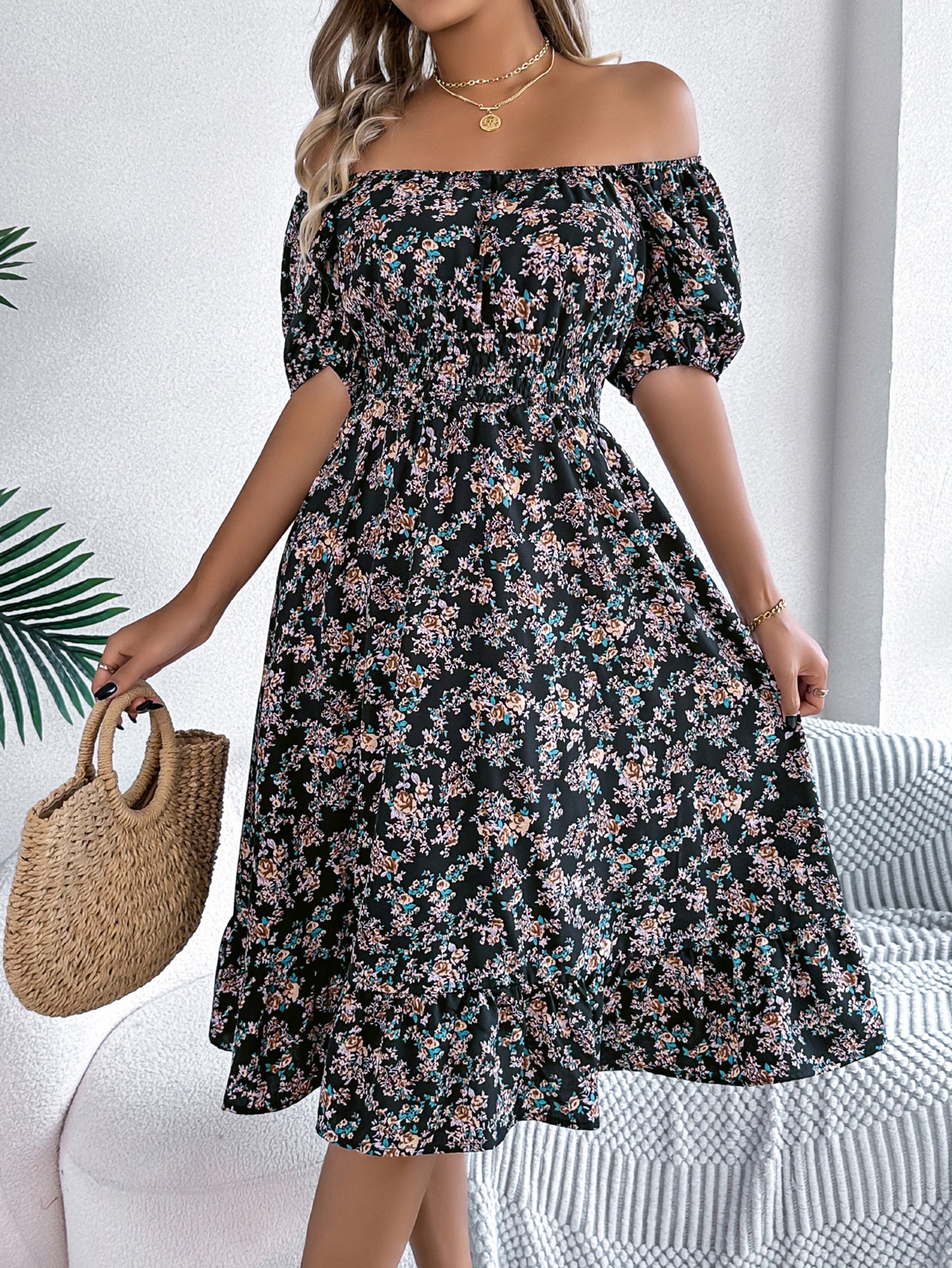 Women Floral Printed Square Neck Puff Sleeves Fit and Flare Dress
