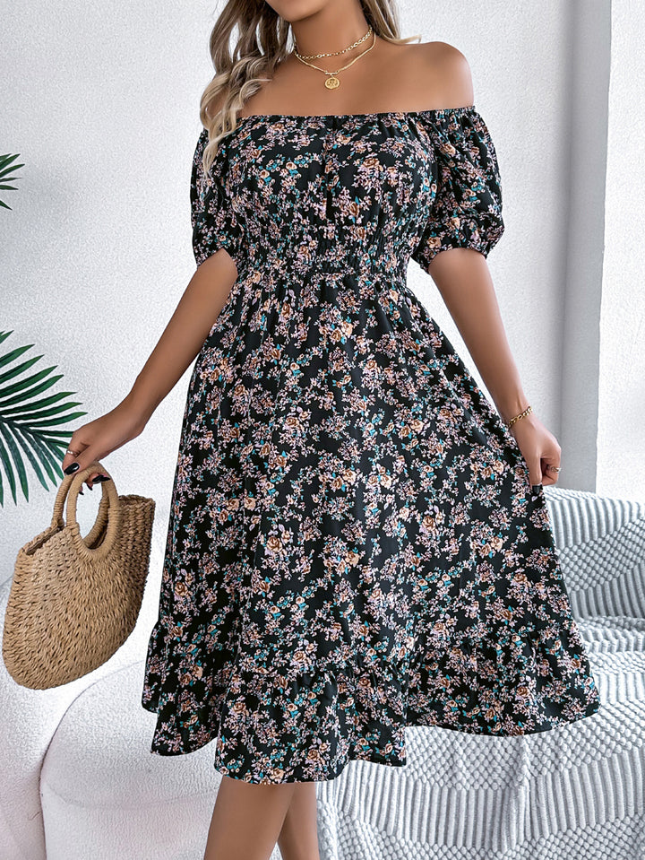 Women Floral Printed Square Neck Puff Sleeves Fit and Flare Dress