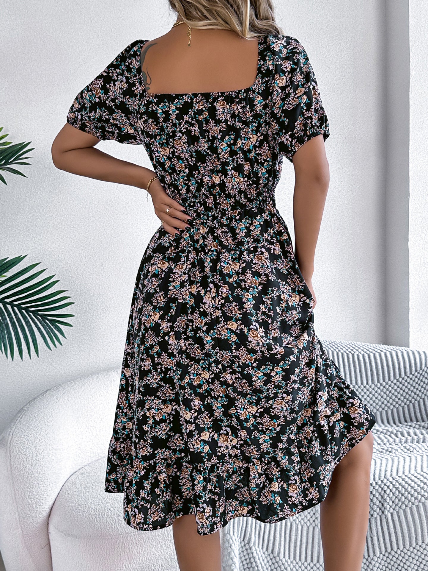 Women Floral Printed Square Neck Puff Sleeves Fit and Flare Dress