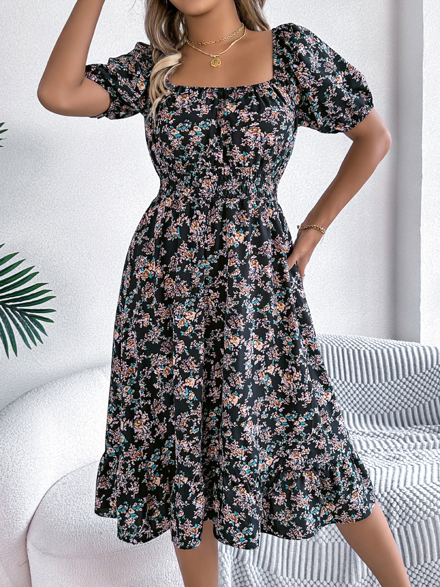 Women Floral Printed Square Neck Puff Sleeves Fit and Flare Dress