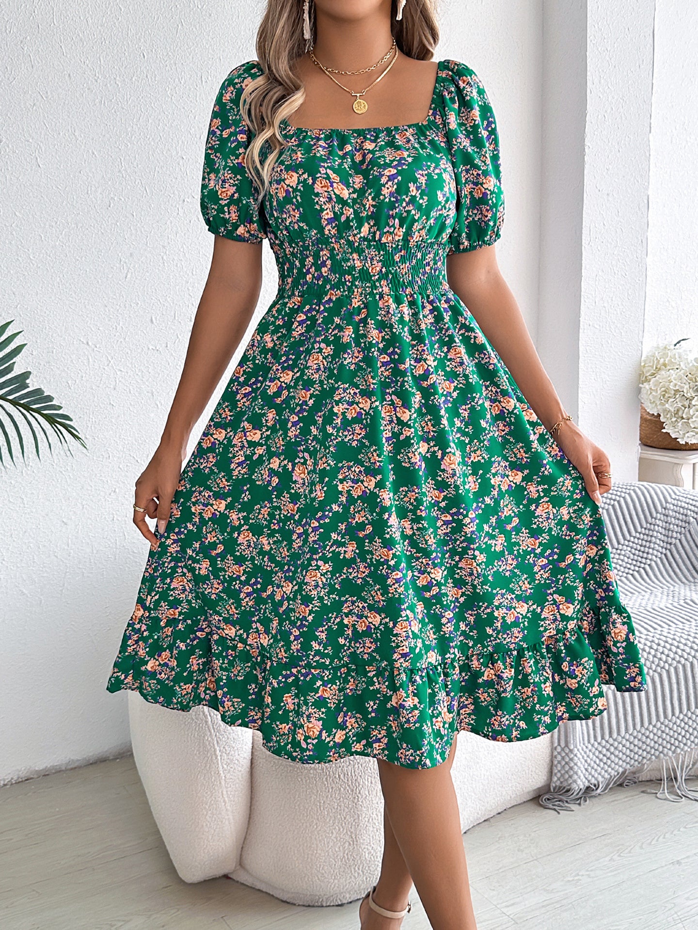 Women Floral Printed Square Neck Fit and Flare Dress