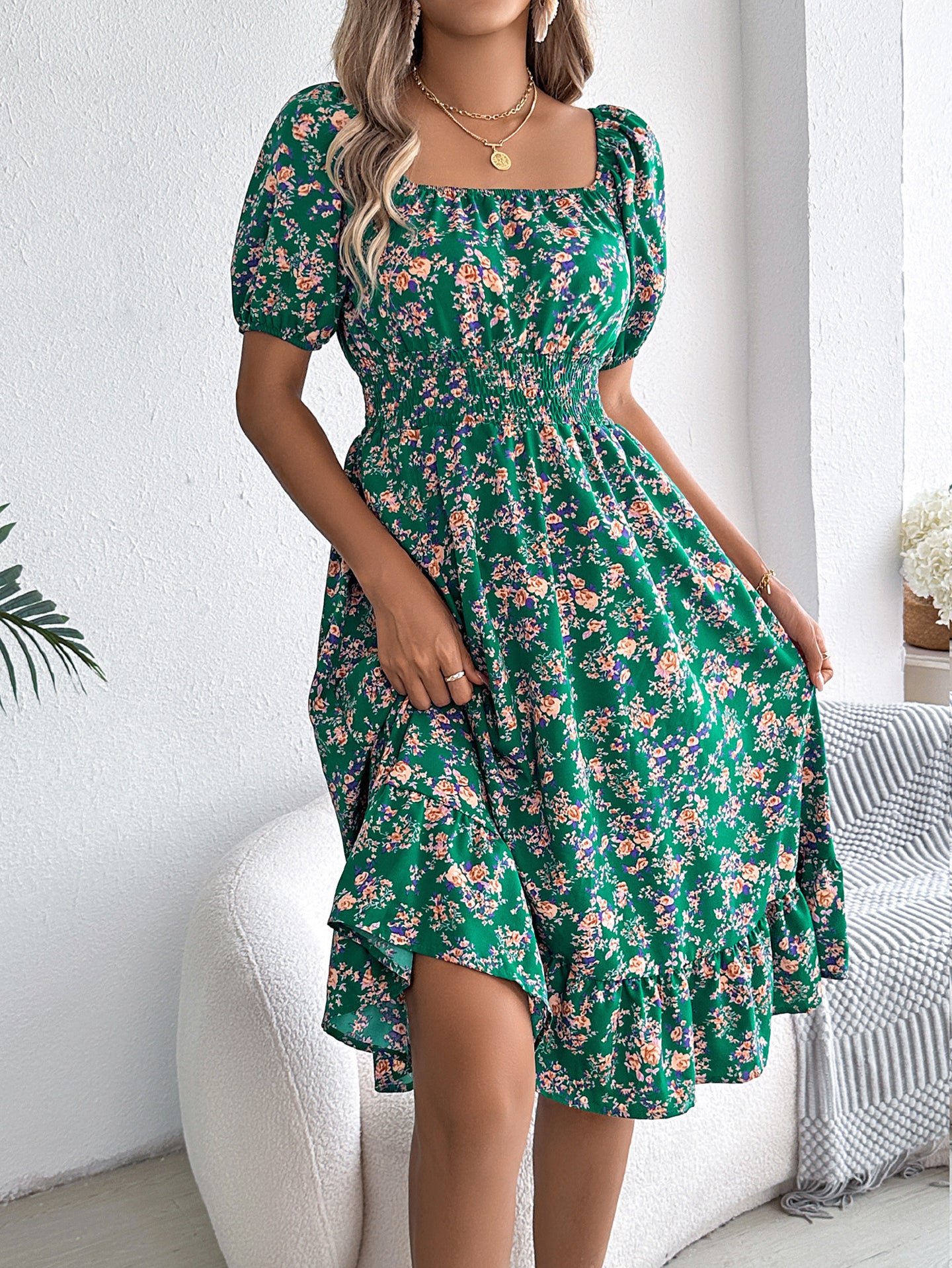 Women Floral Printed Square Neck Fit and Flare Dress