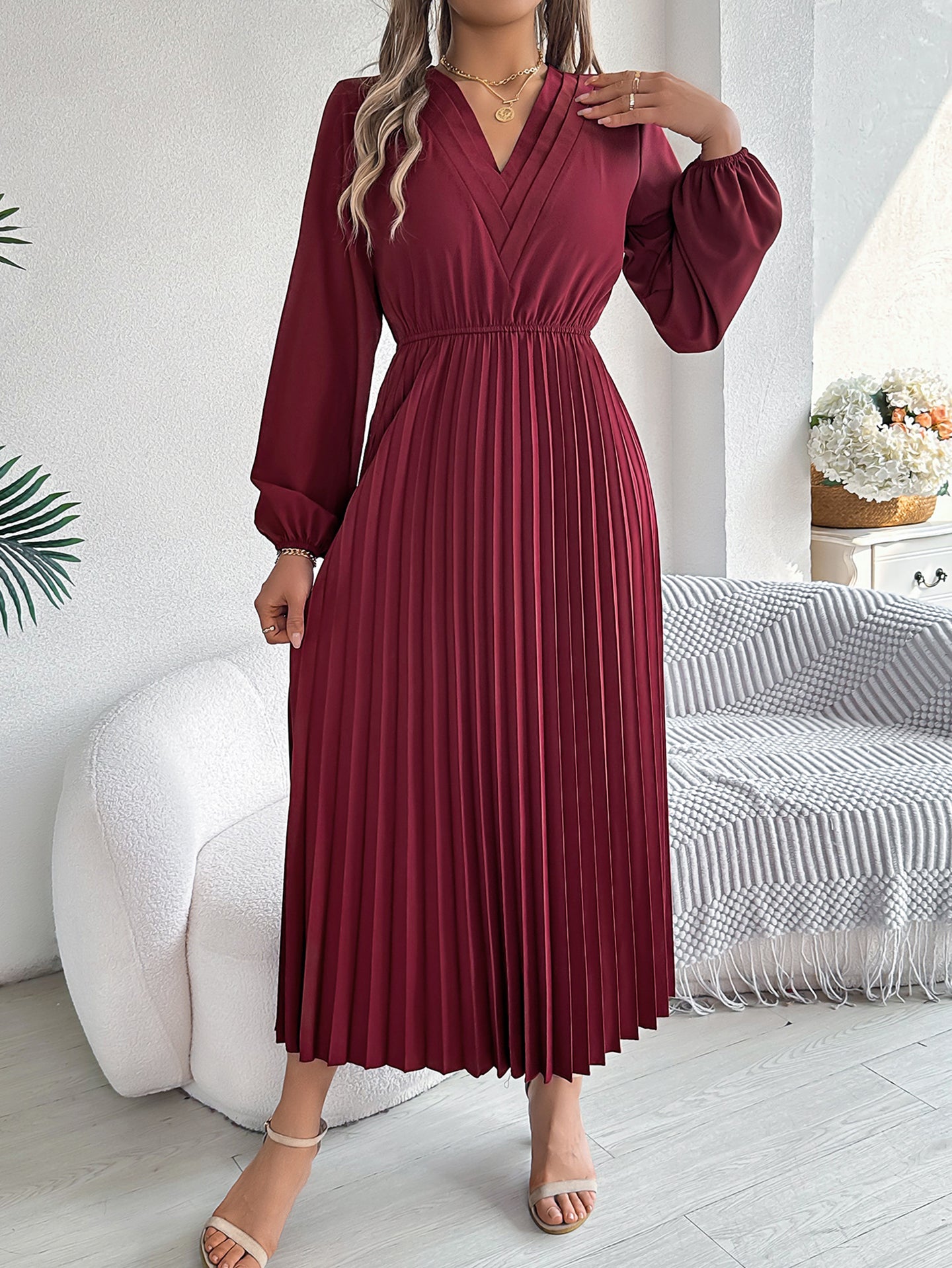 Women Solid Puff Sleeves Maxi Dress