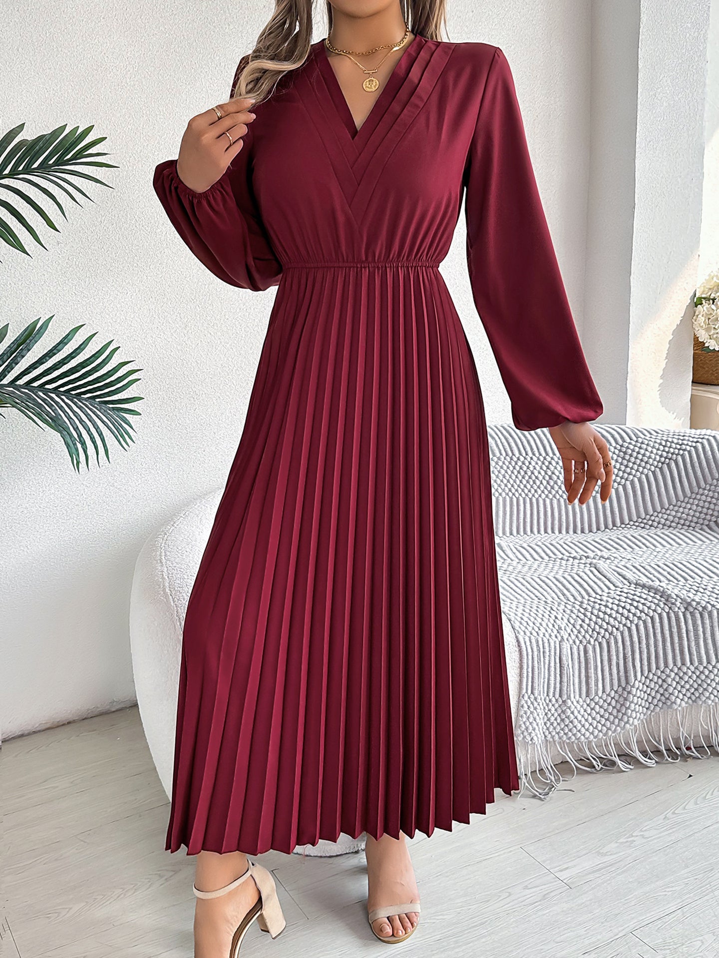 Women Solid Puff Sleeves Maxi Dress