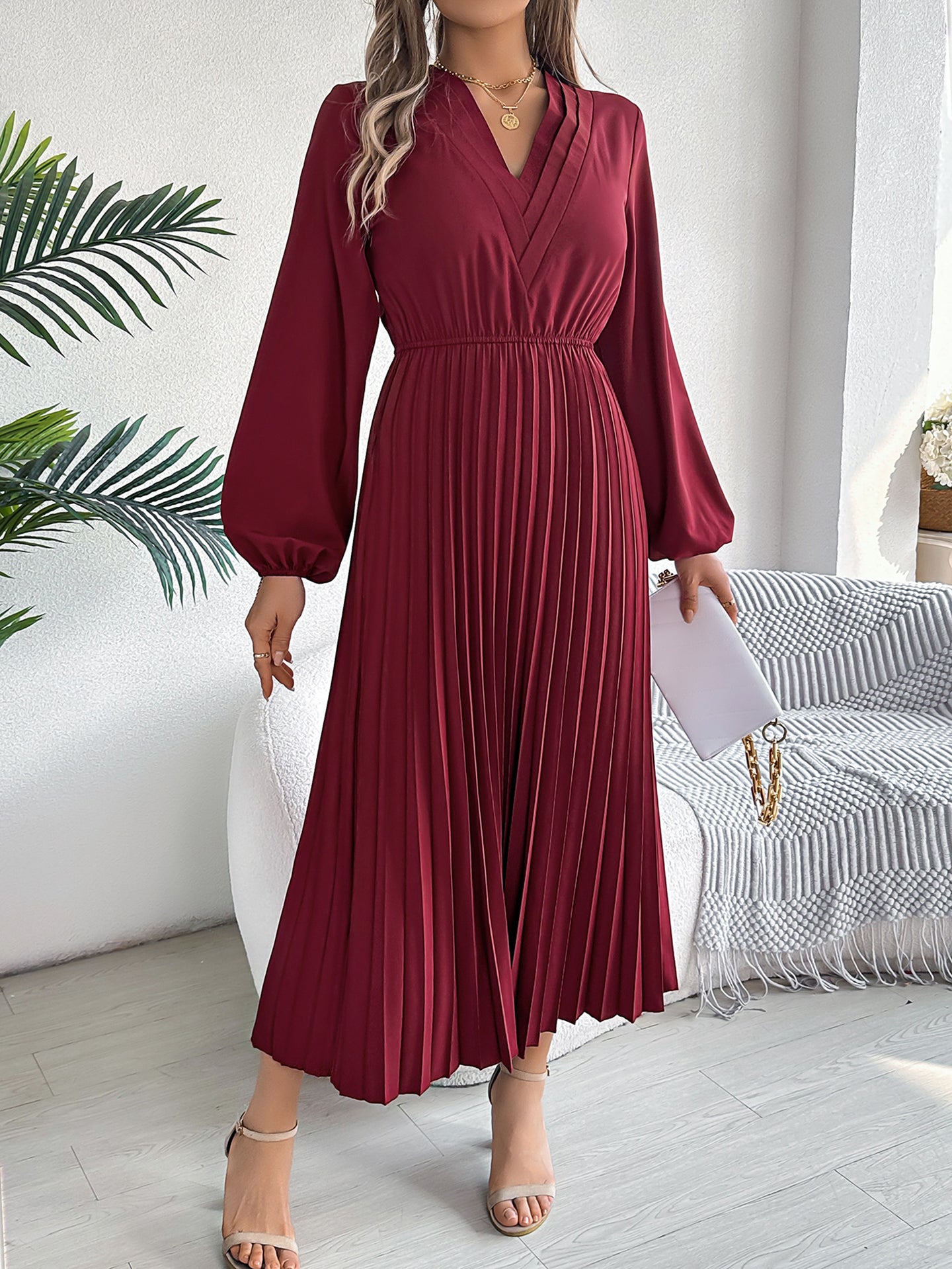 Women Solid Puff Sleeves Maxi Dress