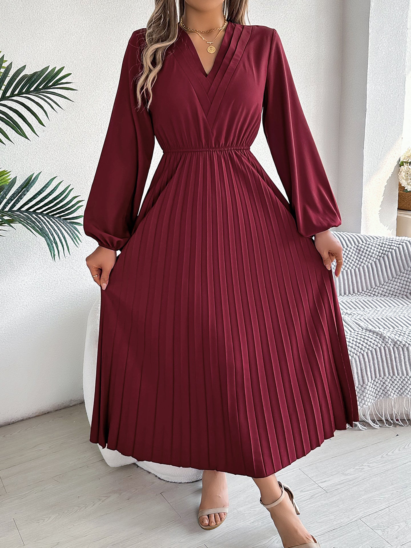 Women Solid Puff Sleeves Maxi Dress