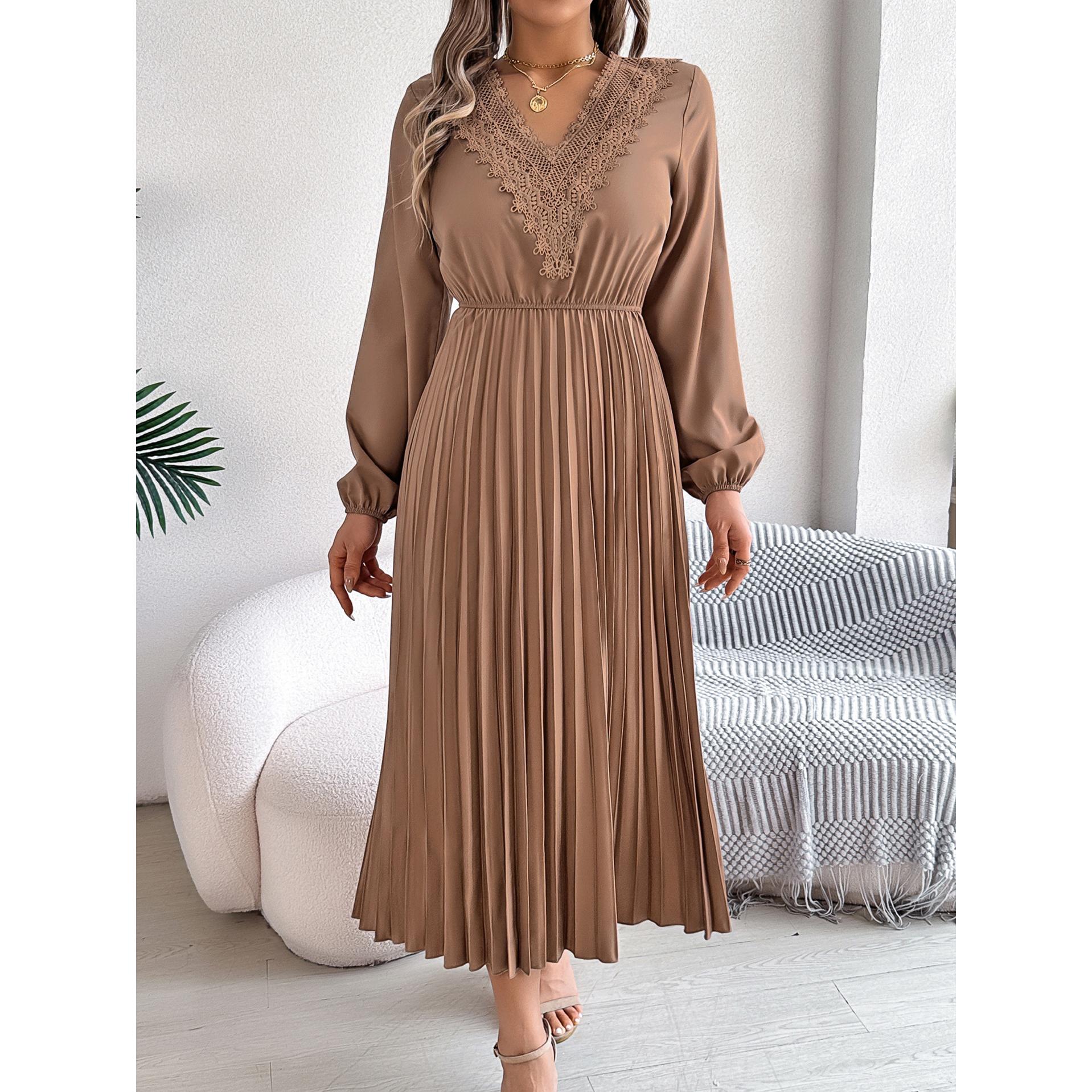 Bishop Sleeves Accordion Pleat Lace Insert Fit & Flare Midi Dress