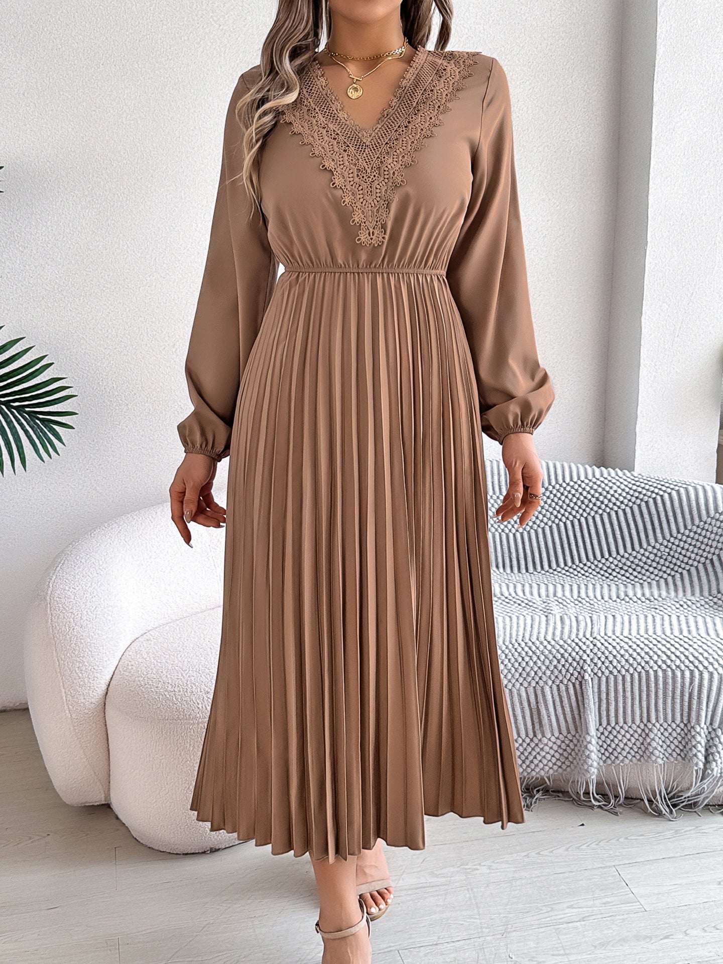 Bishop Sleeves Accordion Pleat Lace Insert Fit & Flare Midi Dress