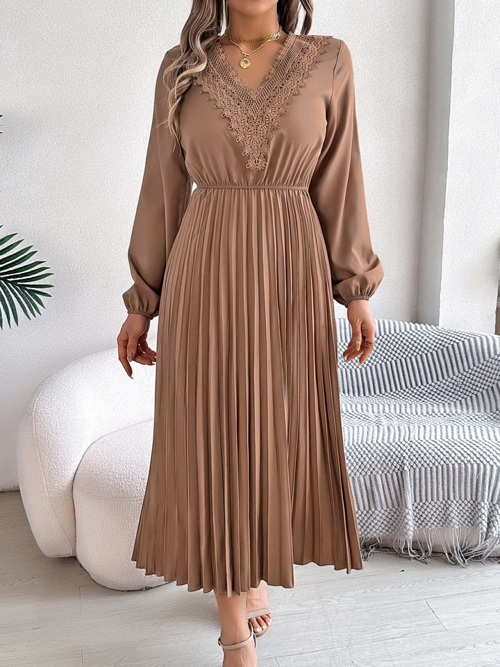Bishop Sleeves Accordion Pleat Lace Insert Fit & Flare Midi Dress