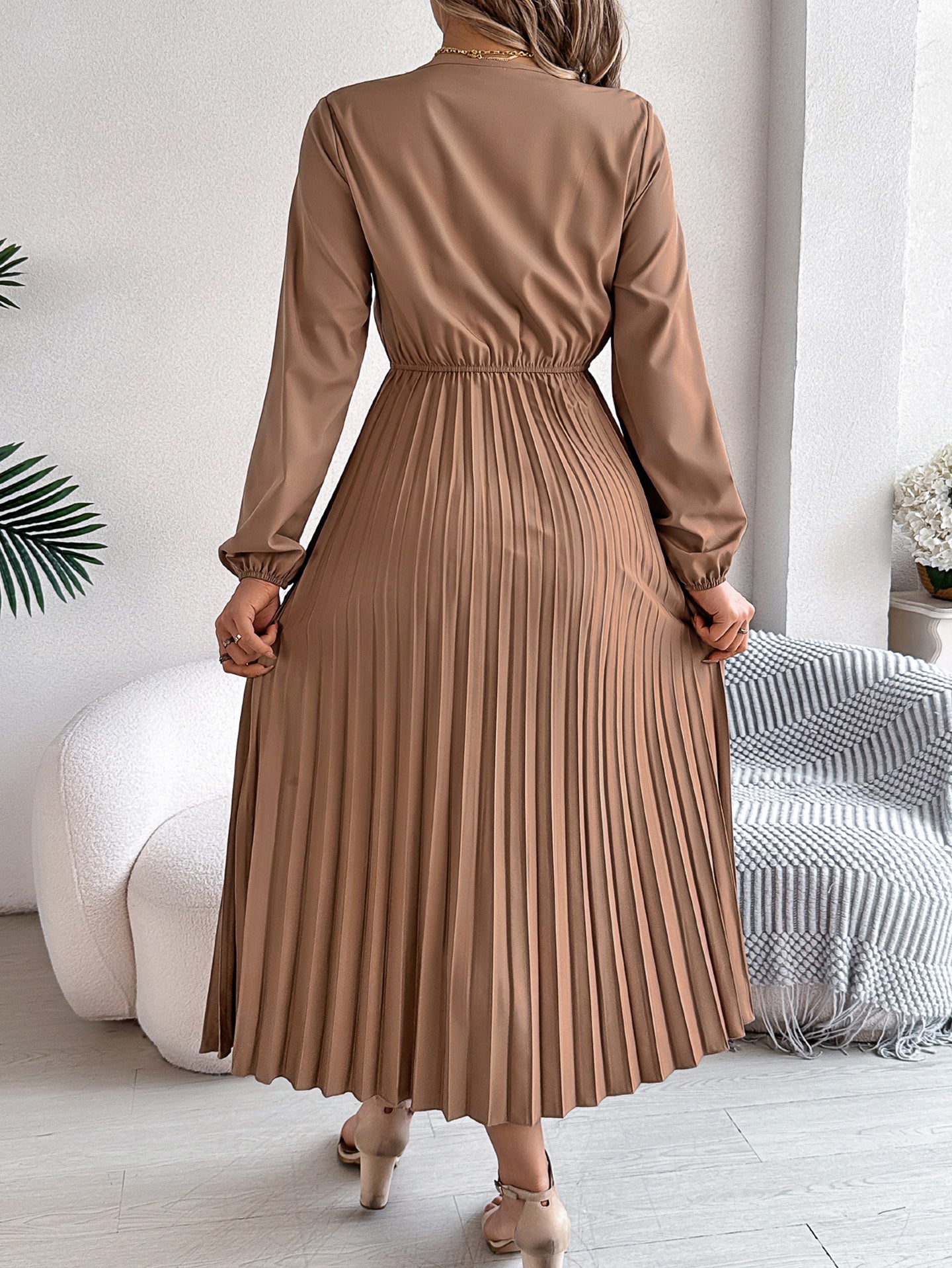 Bishop Sleeves Accordion Pleat Lace Insert Fit & Flare Midi Dress