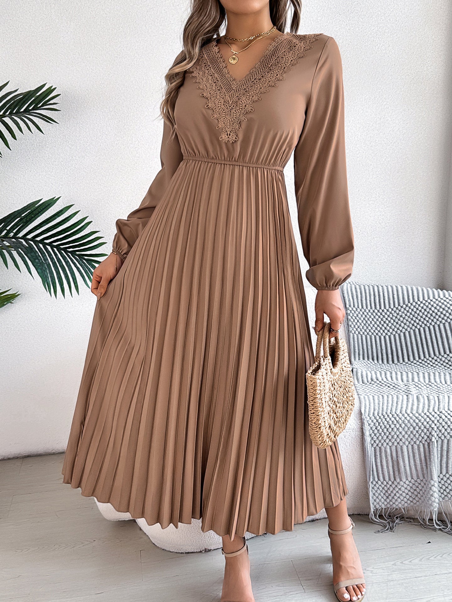 Bishop Sleeves Accordion Pleat Lace Insert Fit & Flare Midi Dress