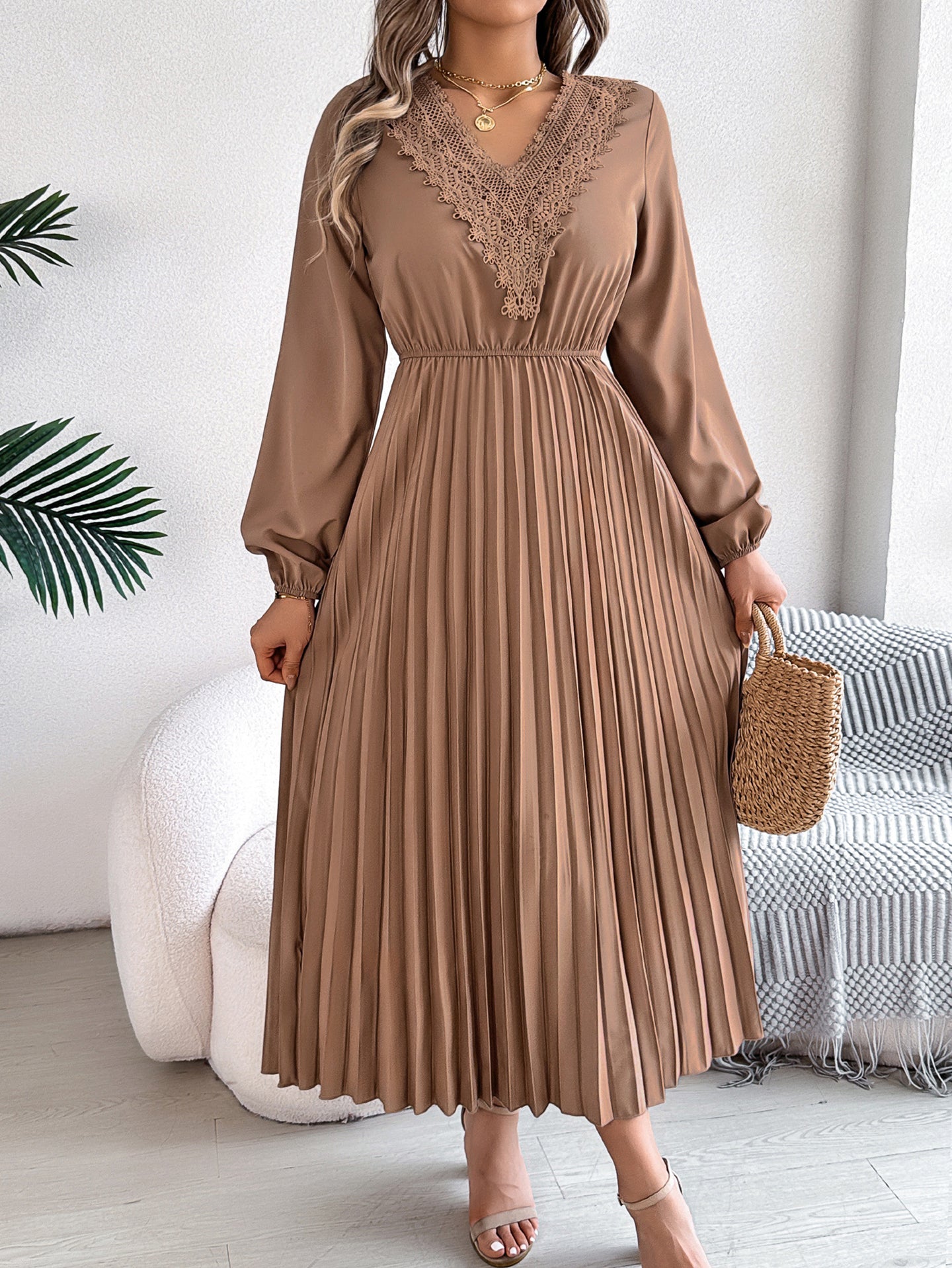 Bishop Sleeves Accordion Pleat Lace Insert Fit & Flare Midi Dress