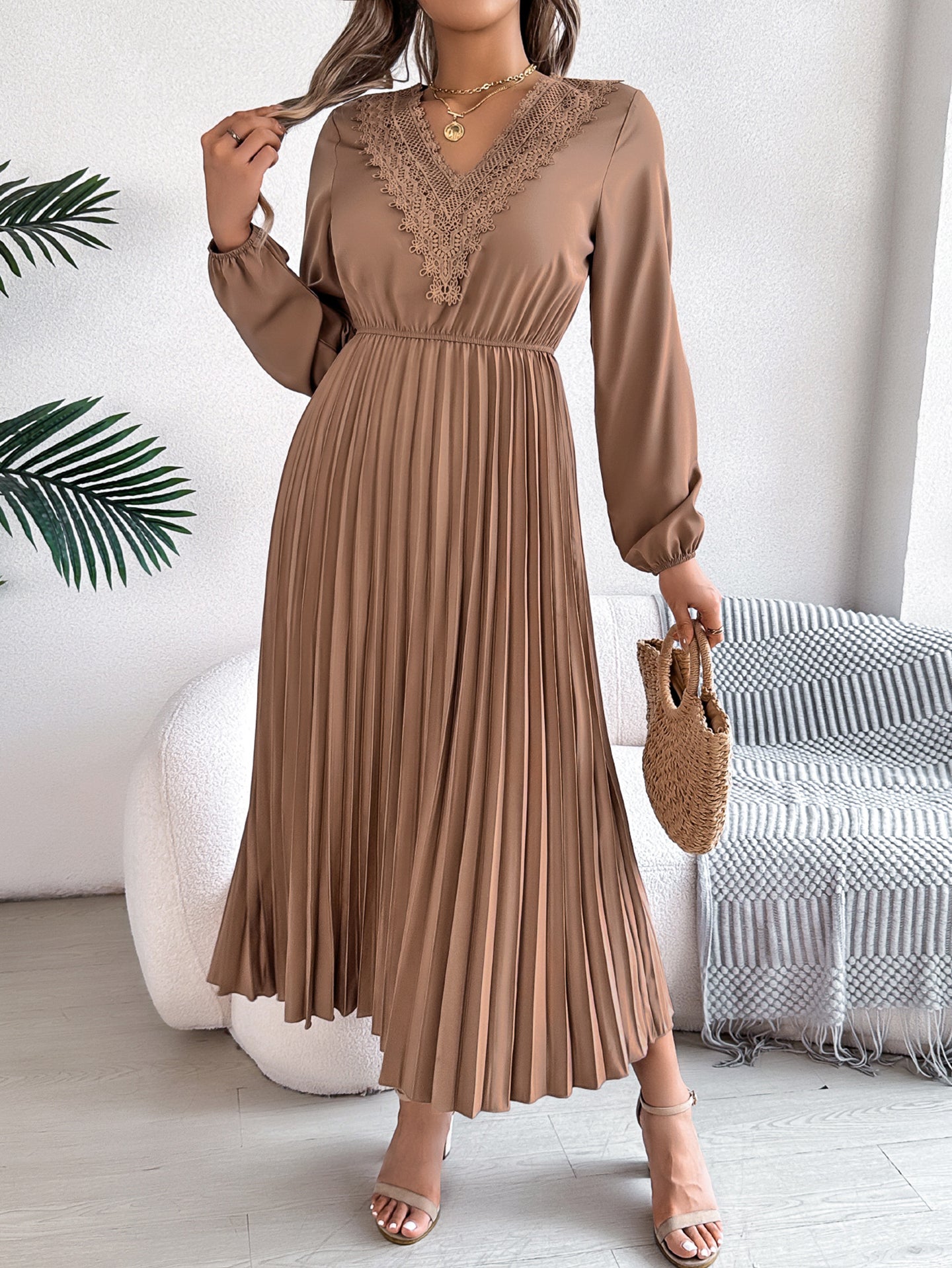 Bishop Sleeves Accordion Pleat Lace Insert Fit & Flare Midi Dress
