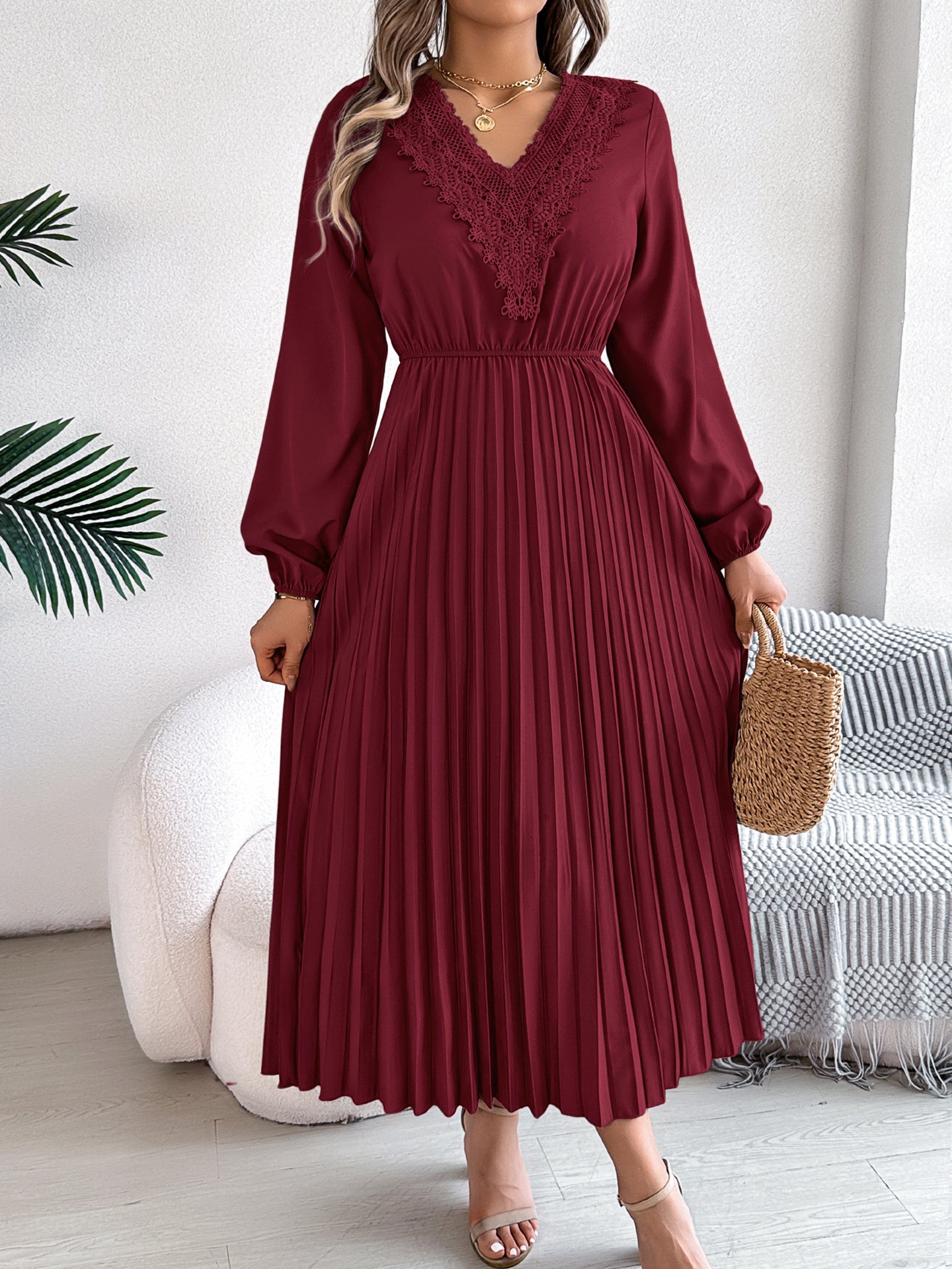 Women V-Neck Fit and Flare Midi Dress
