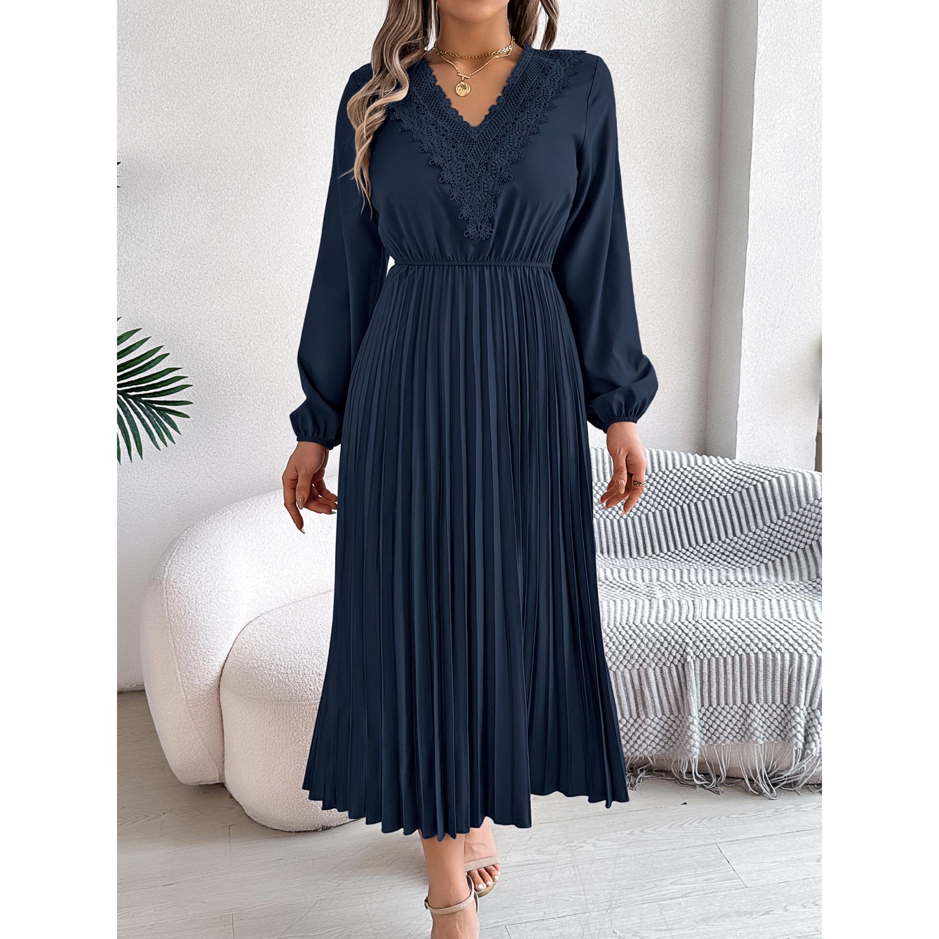V-Neck Bishop Sleeves Accordion Pleats Fit and Flare Midi Dress