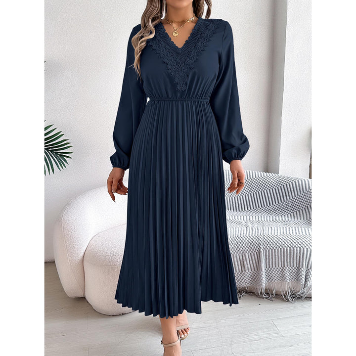 V-Neck Bishop Sleeves Accordion Pleats Fit and Flare Midi Dress