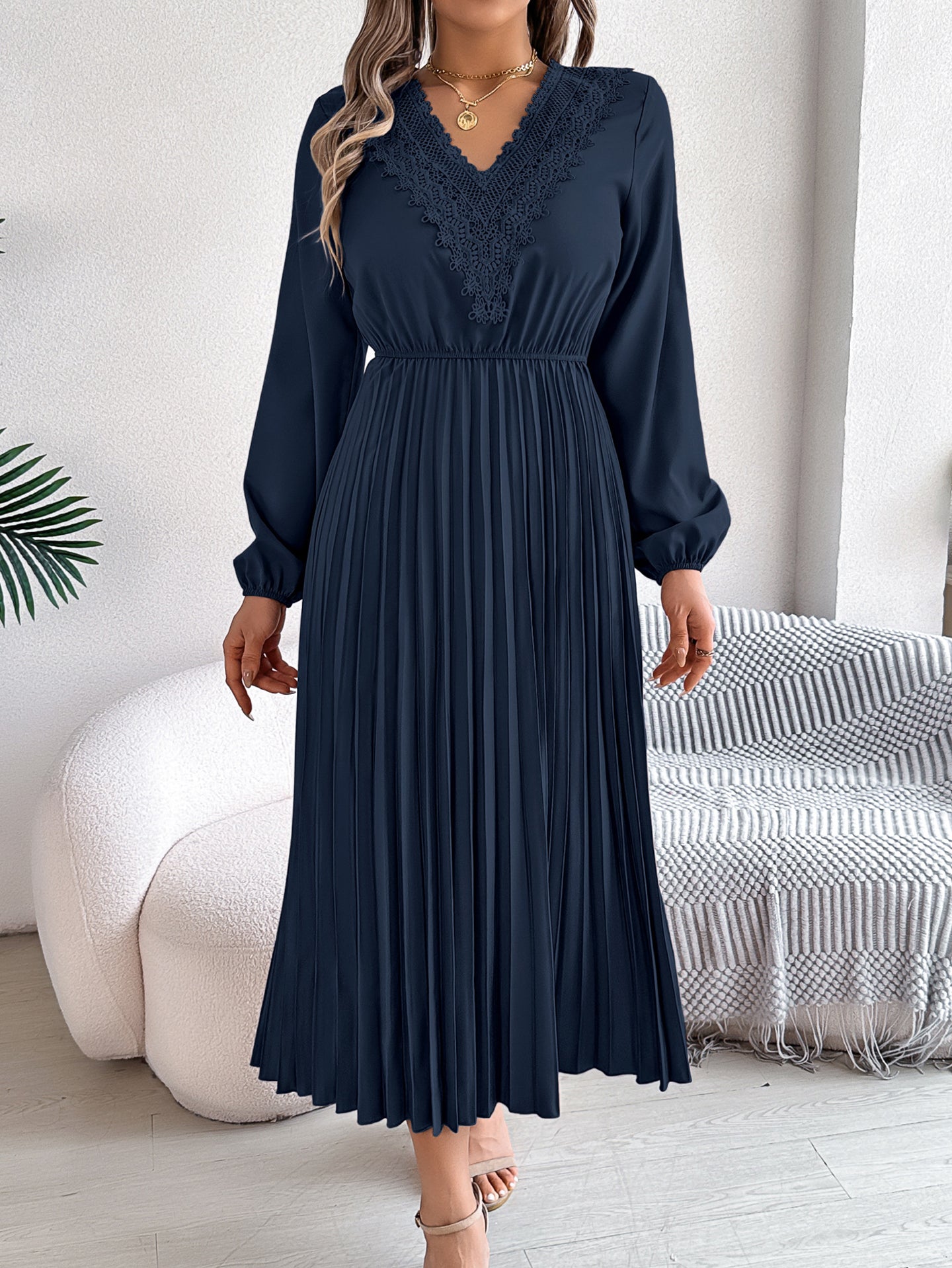 V-Neck Bishop Sleeves Accordion Pleats Fit and Flare Midi Dress