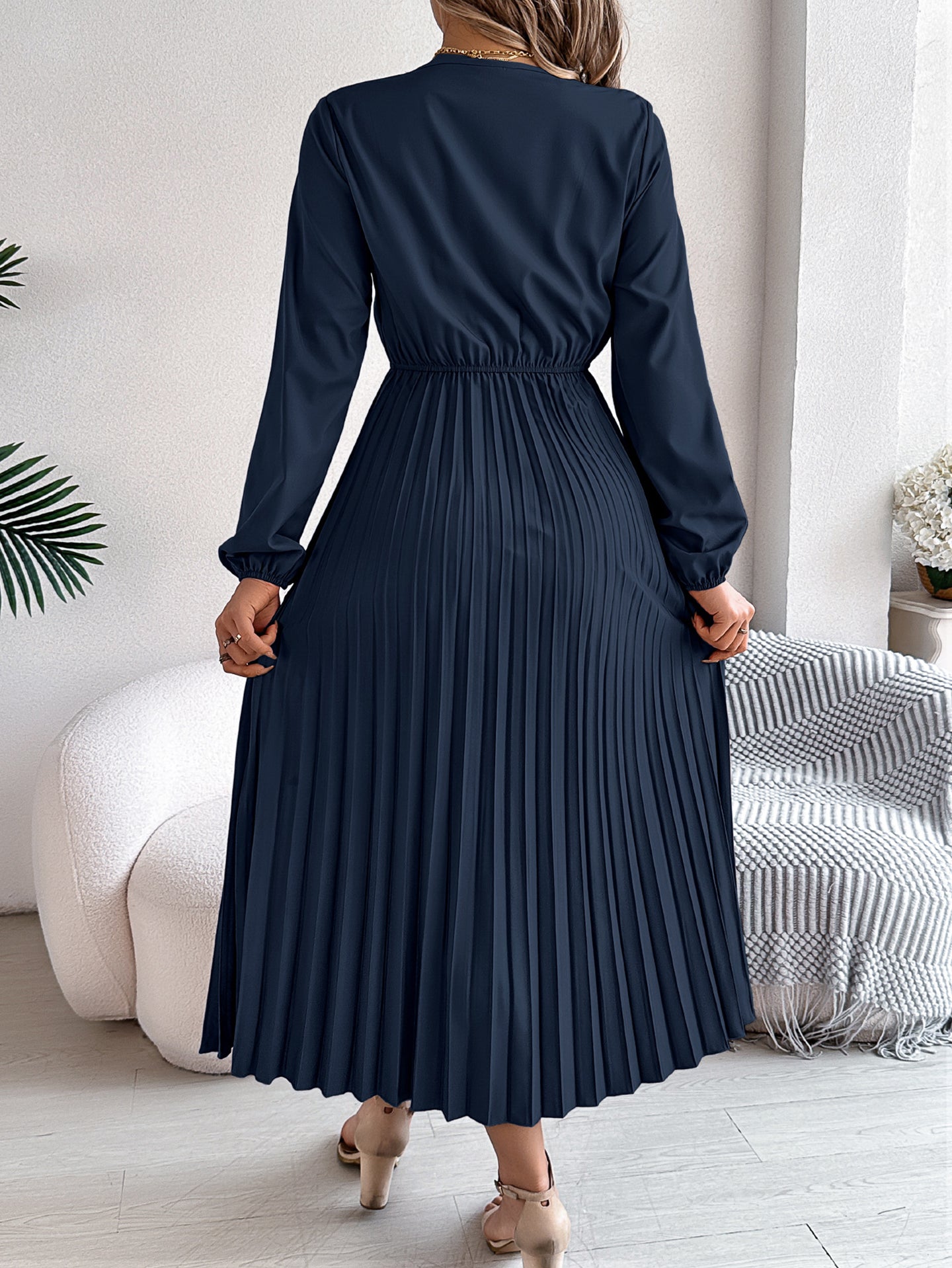 V-Neck Bishop Sleeves Accordion Pleats Fit and Flare Midi Dress