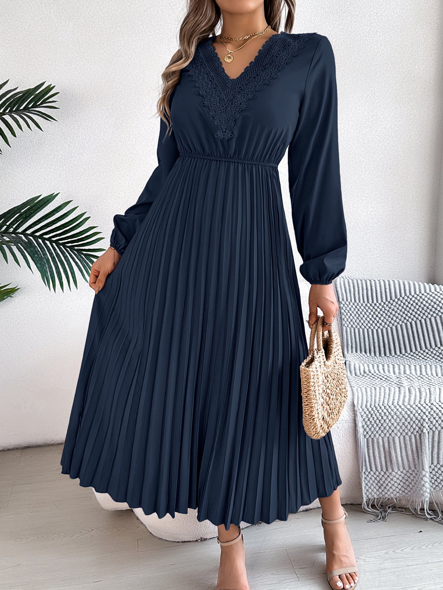 V-Neck Bishop Sleeves Accordion Pleats Fit and Flare Midi Dress