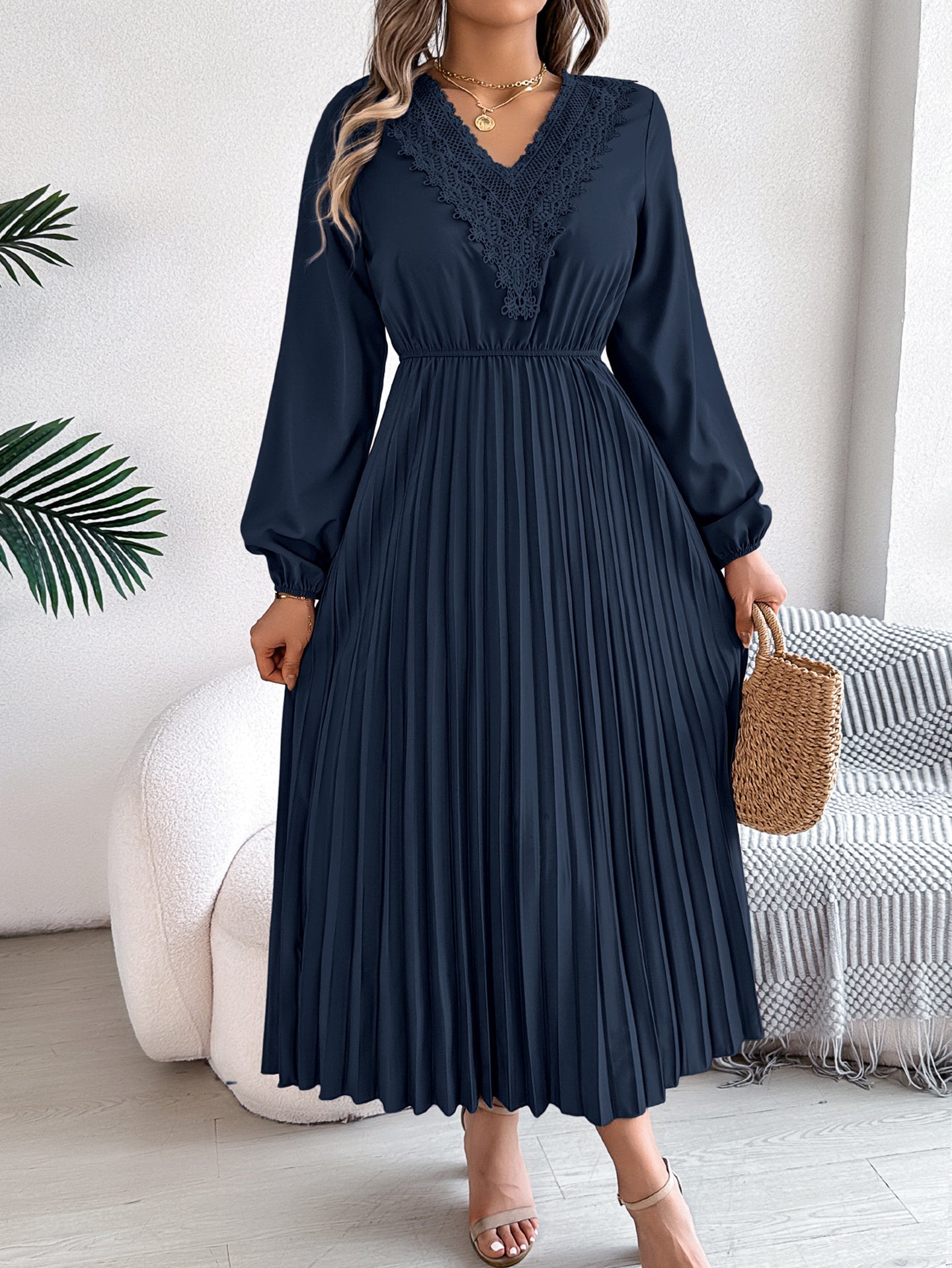 V-Neck Bishop Sleeves Accordion Pleats Fit and Flare Midi Dress
