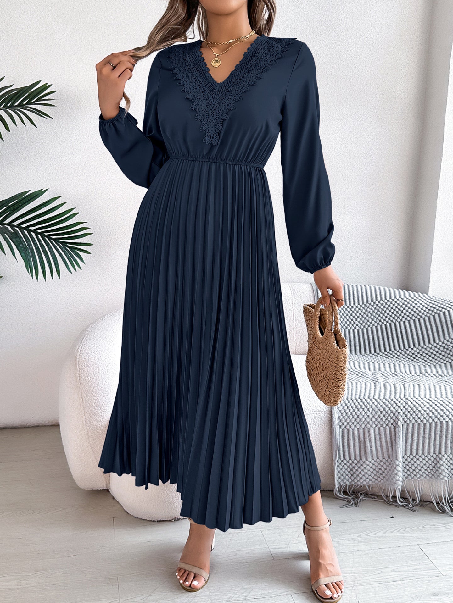 V-Neck Bishop Sleeves Accordion Pleats Fit and Flare Midi Dress