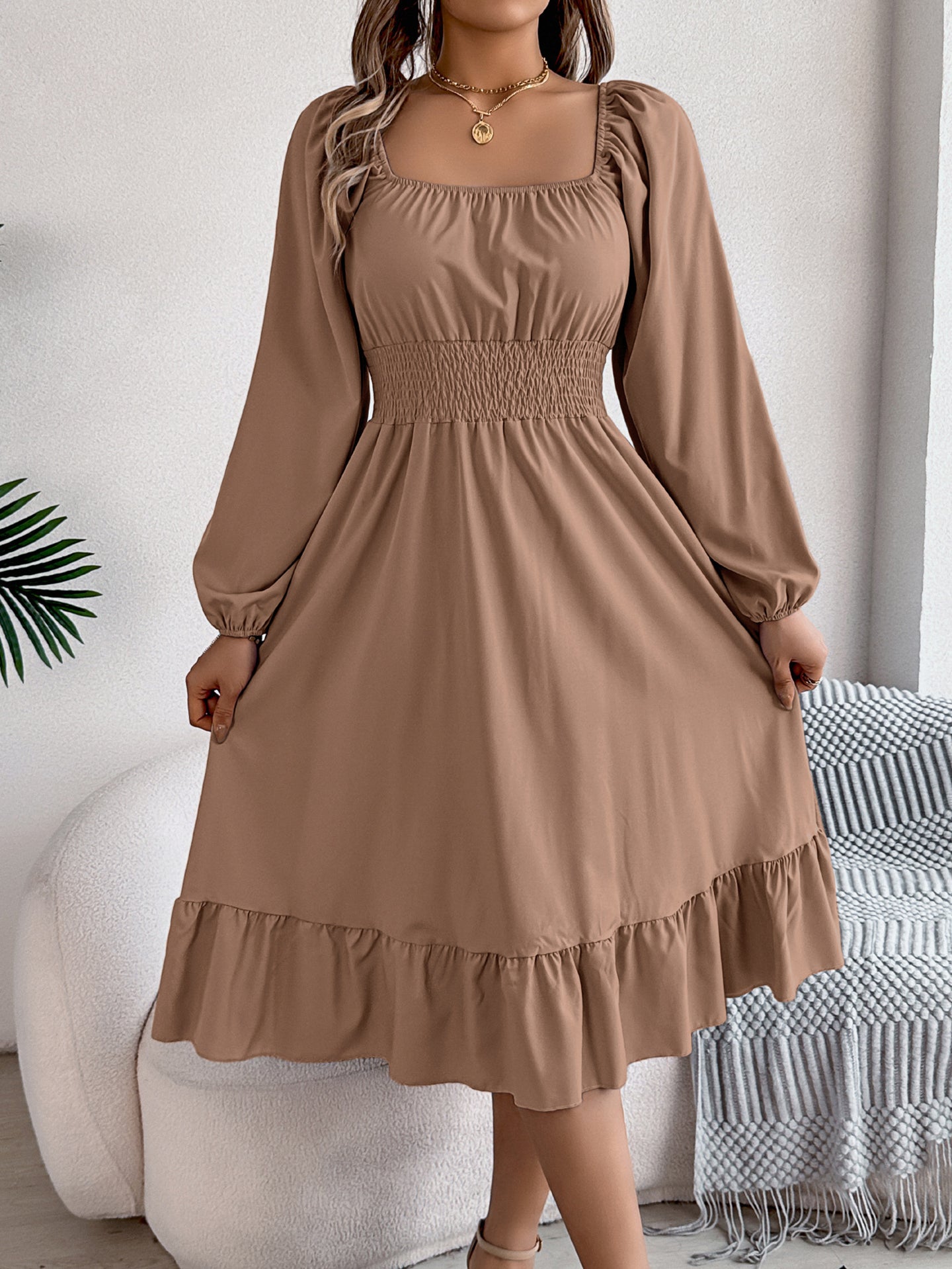 Solid Square Neck A-Line Dress