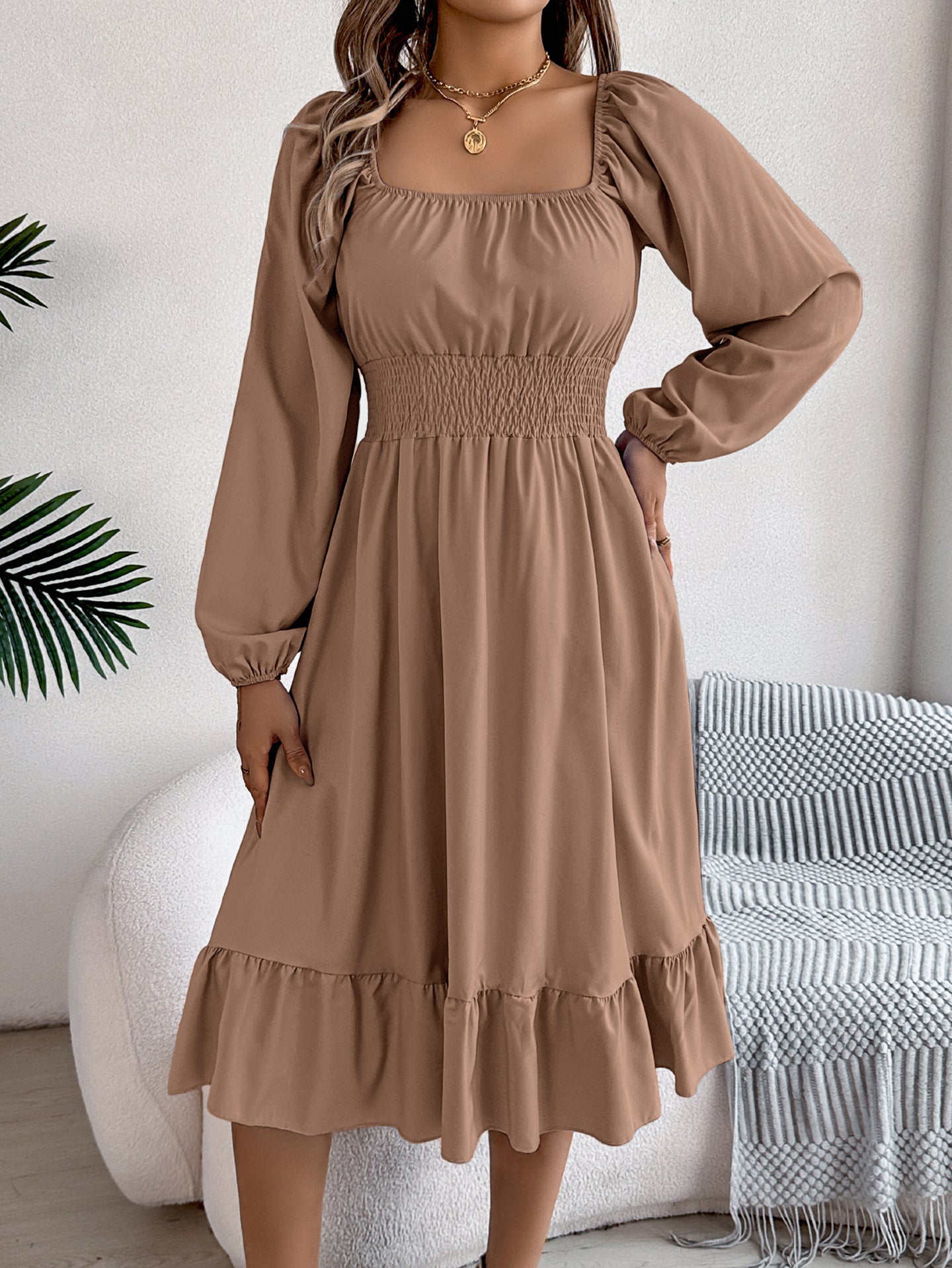 Solid Square Neck A-Line Dress