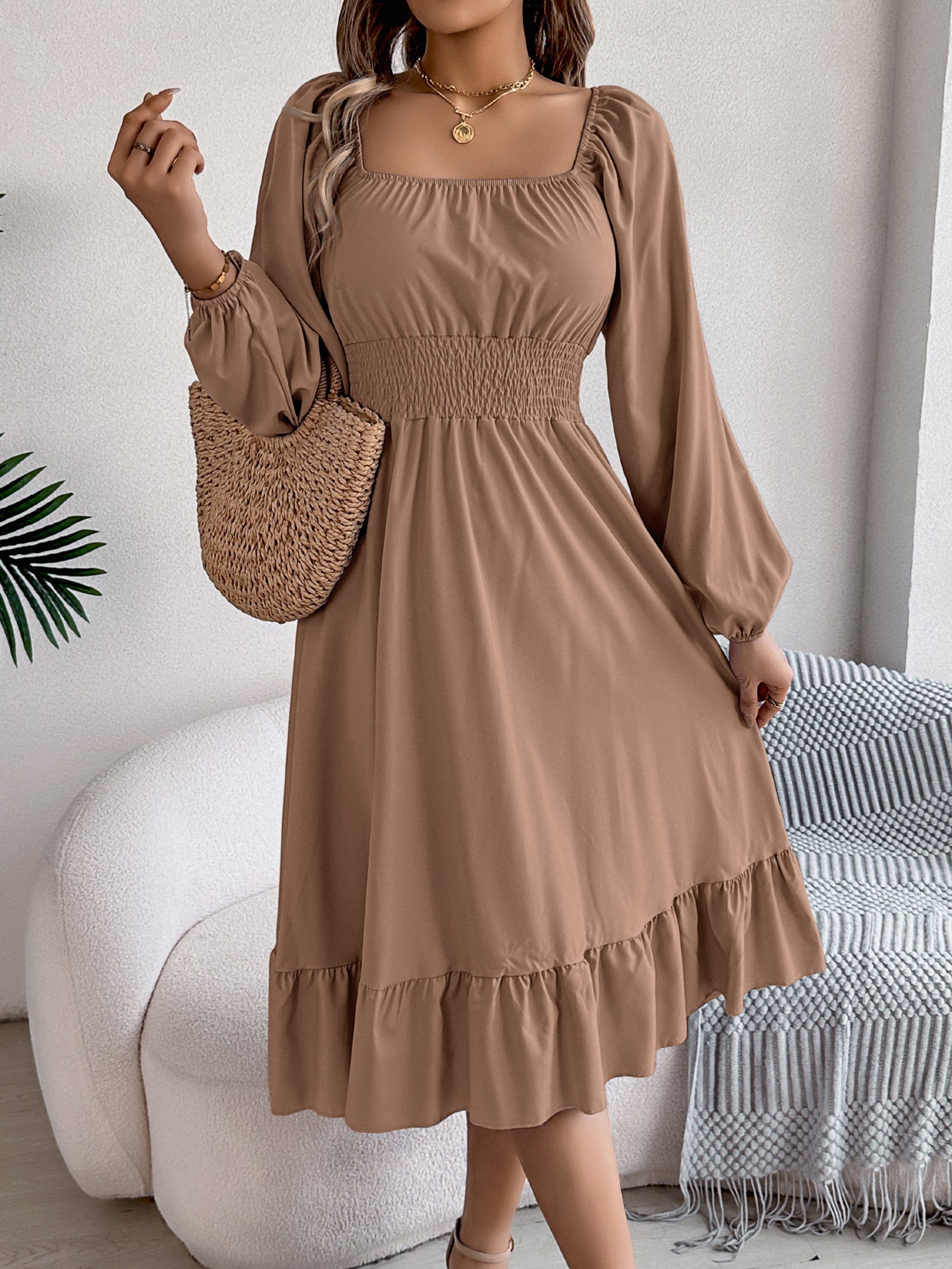 Solid Square Neck A-Line Dress