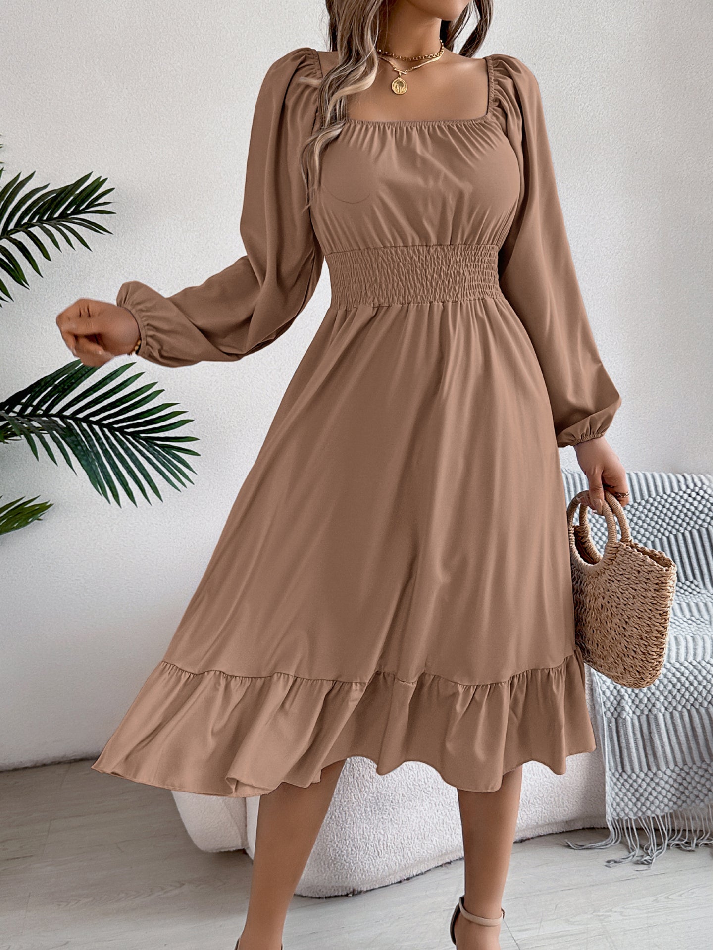 Solid Square Neck A-Line Dress
