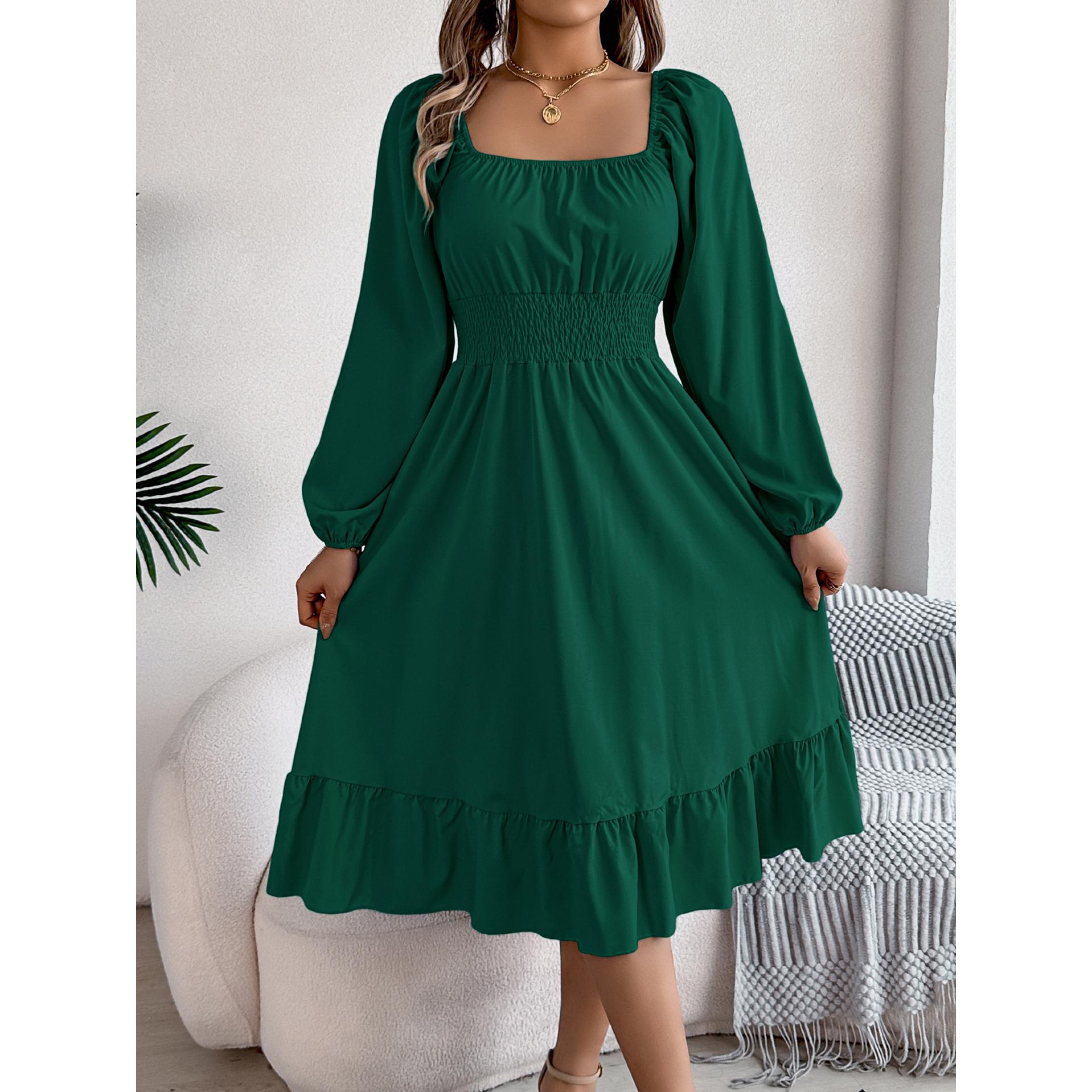 Square Neck Puff Sleeves Fit and Flare Midi Dress
