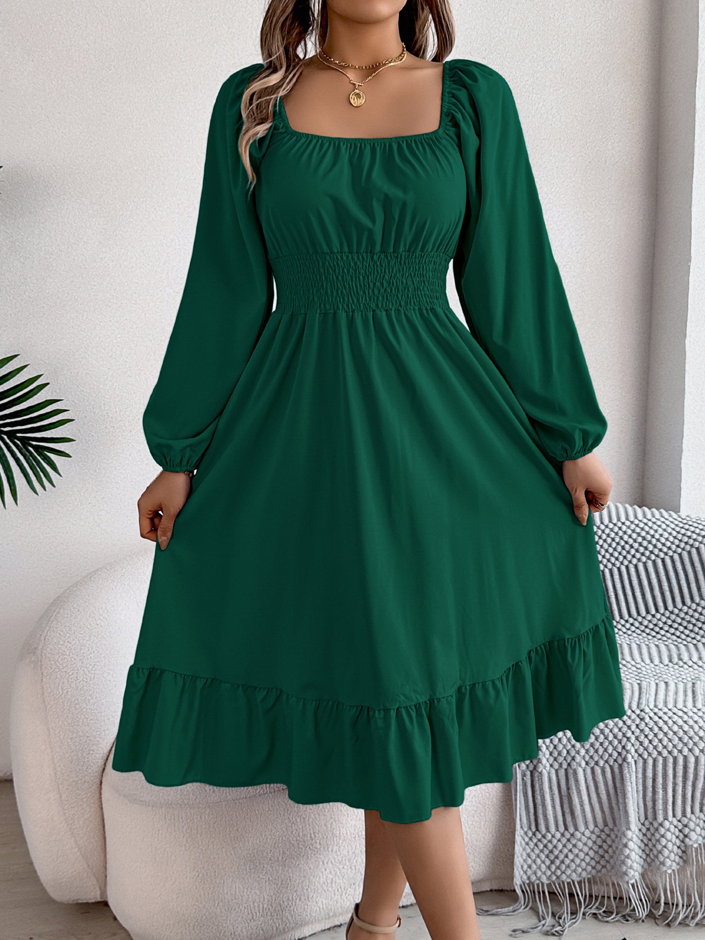 Square Neck Puff Sleeves Fit and Flare Midi Dress