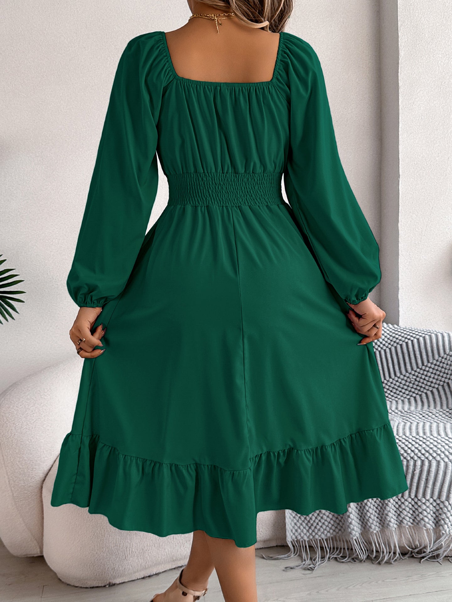 Square Neck Puff Sleeves Fit and Flare Midi Dress