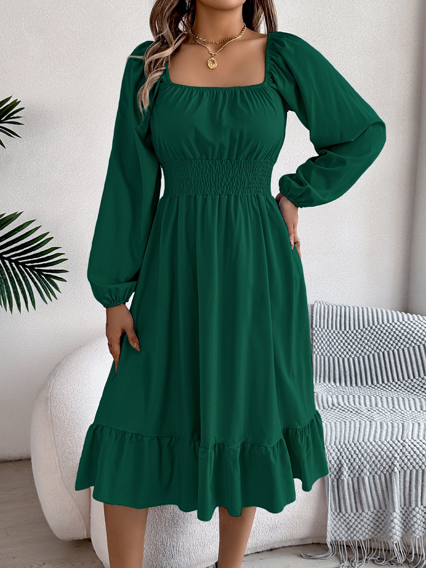 Square Neck Puff Sleeves Fit and Flare Midi Dress