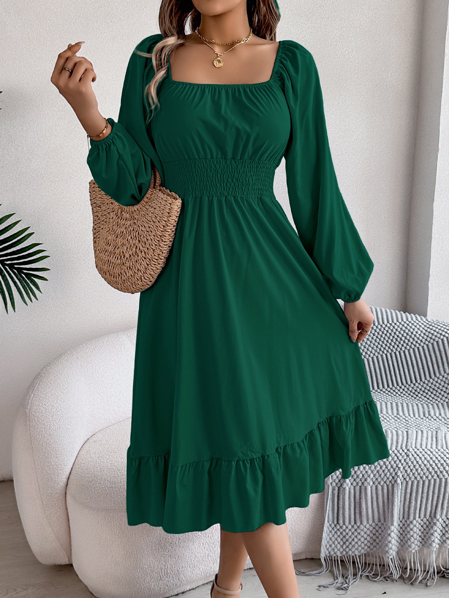 Square Neck Puff Sleeves Fit and Flare Midi Dress