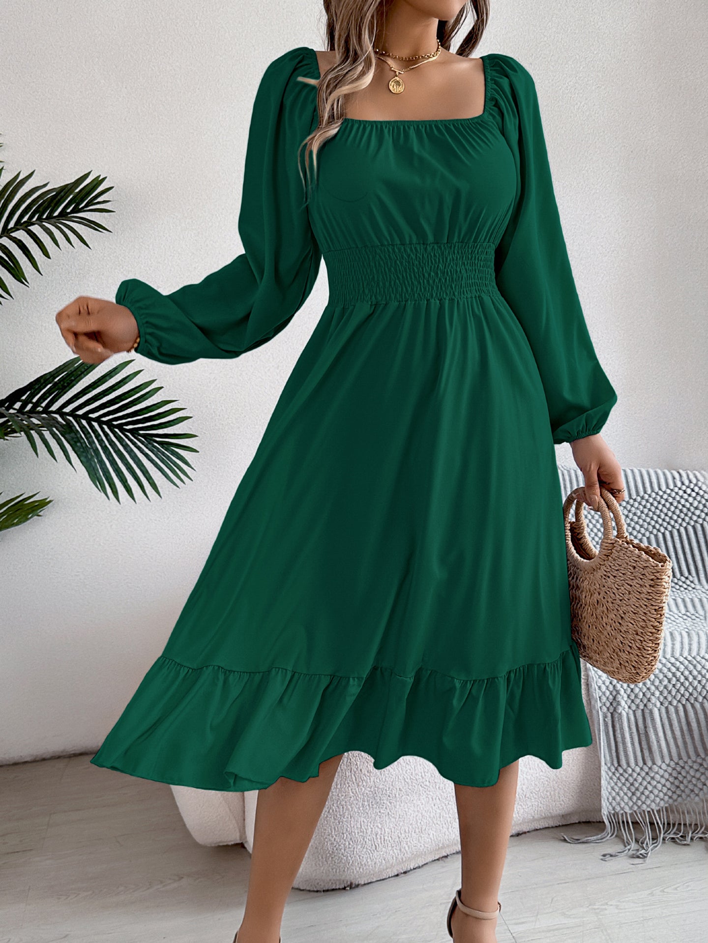 Square Neck Puff Sleeves Fit and Flare Midi Dress
